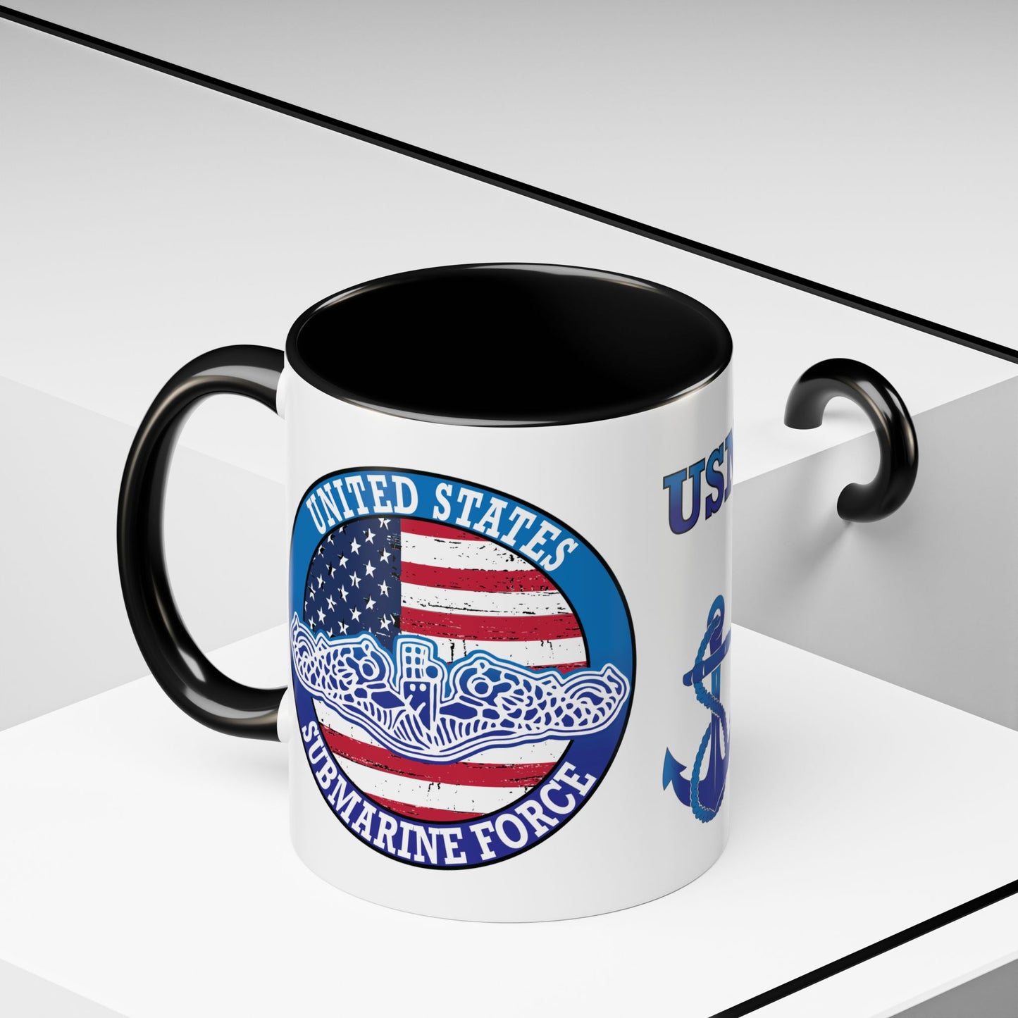 United States Navy Submarine Force Silent Service White Dolphins on American Flag Accent Coffee Mugs
