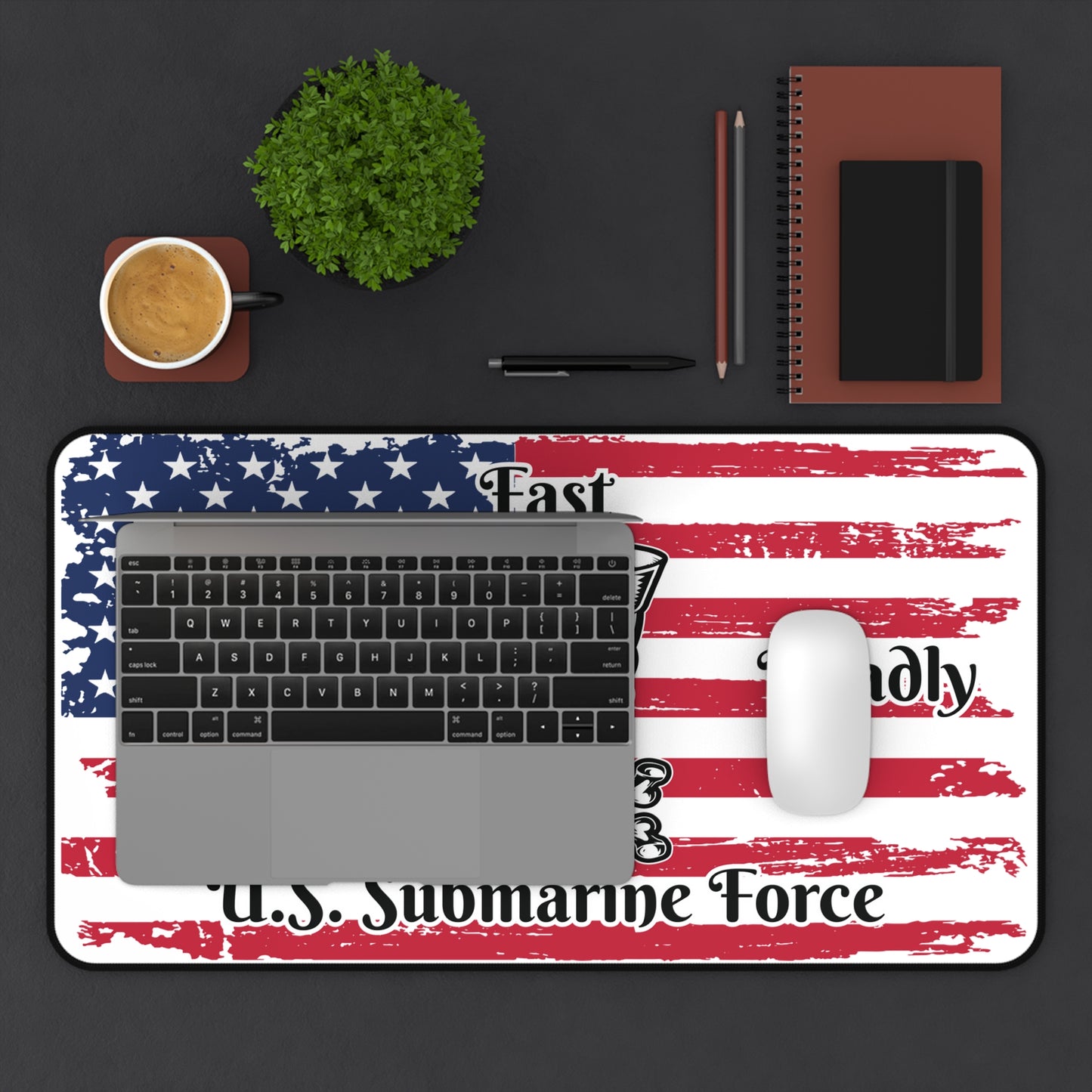 U.S. Submarine Force Silent Fast Deadly Skull and Crossbones Sailor with Distressed American Flag Desk Mat