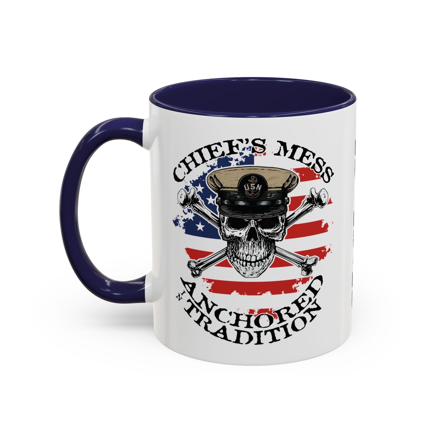 US Navy Chief's Mess Anchored Tradition CPO Sailor Skull with Distressed USA Flag Accent Coffee Mugs