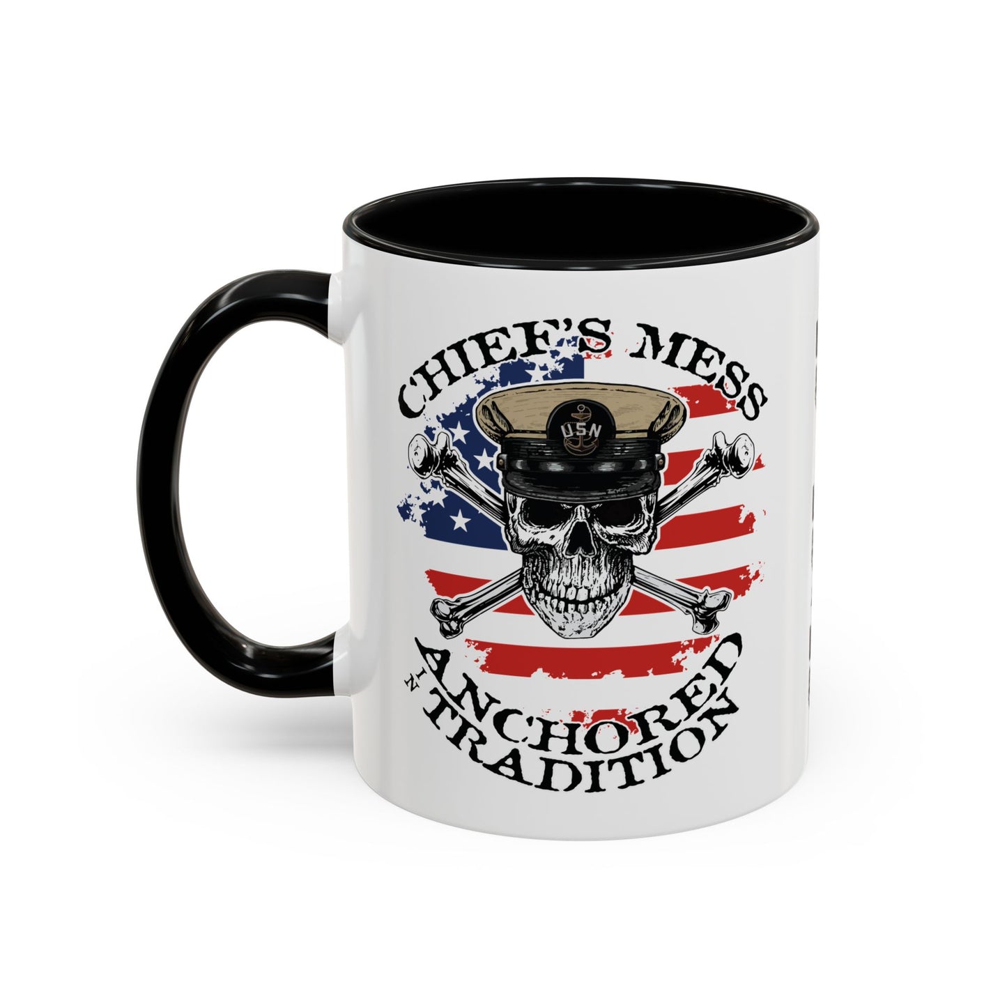 US Navy Chief's Mess Anchored Tradition CPO Sailor Skull with Distressed USA Flag Accent Coffee Mugs
