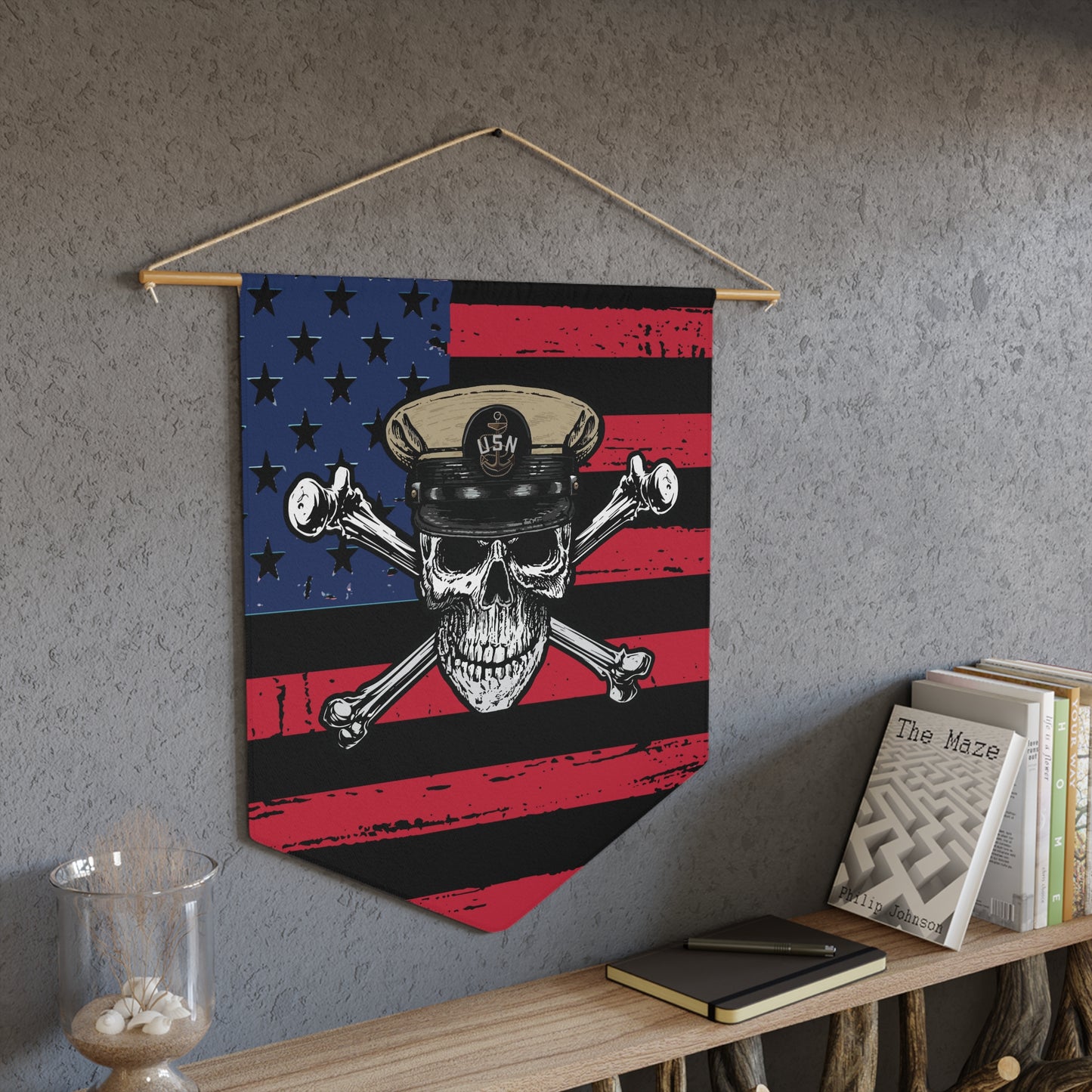 United States Chief Petty Officer Skull & Crossbones on Distressed Blackout USA Flag Pennant