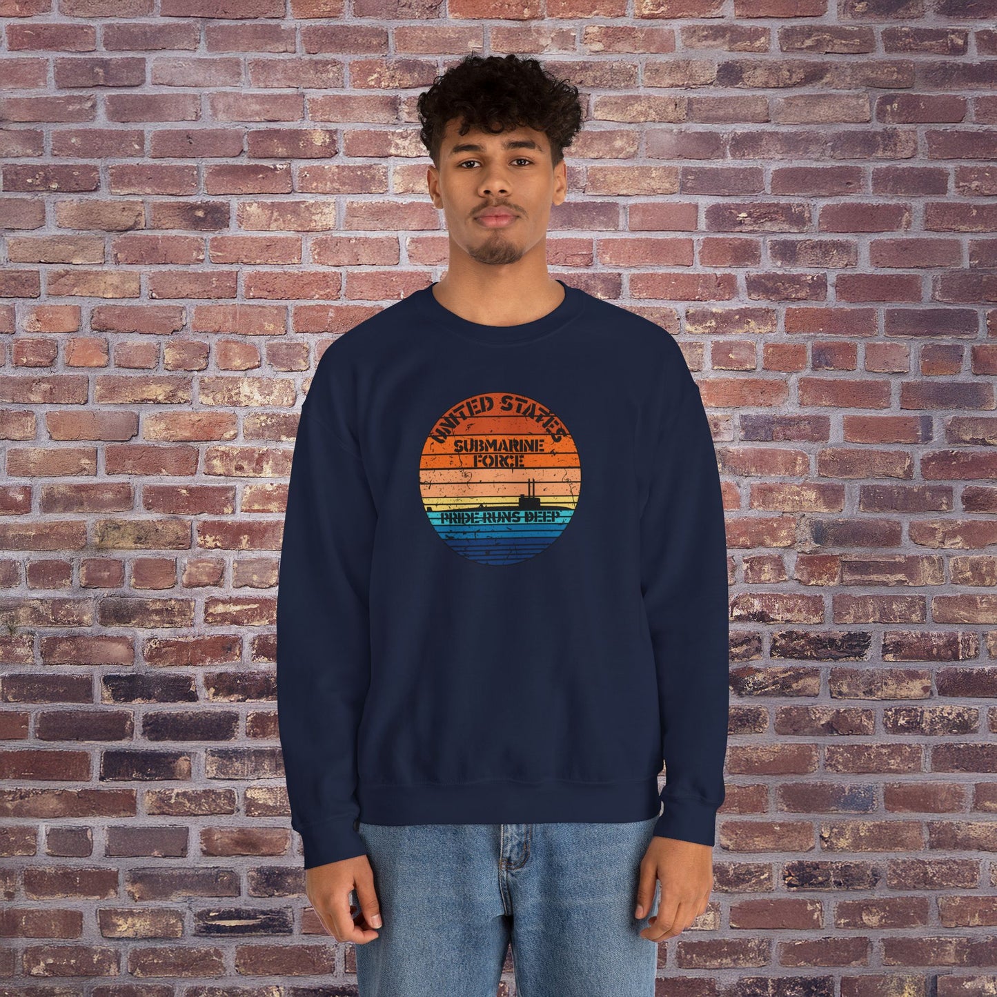 Sunset United States Navy Submarine Force Pride Runs Deep Distressed Vintage Unisex Heavy Blend™ Crewneck Sweatshirt