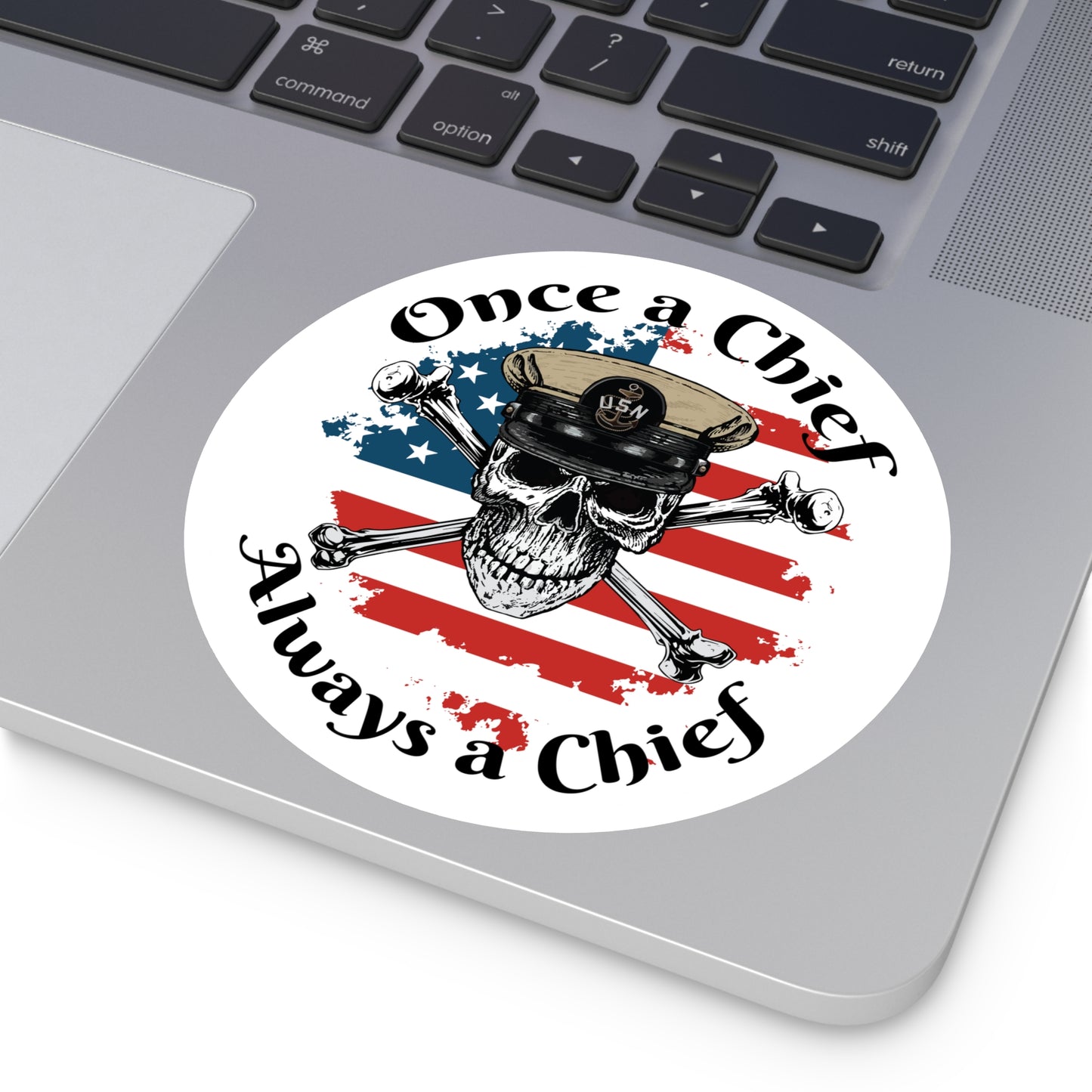 US Navy Once a Chief CPO Skull & Crossbones Sailor on Distressed USA Flag Round Sticker