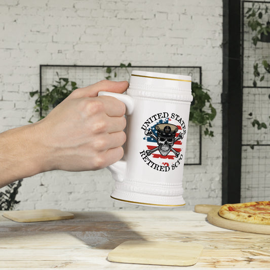 US Retired Senior Chief Petty Officer Skull Crossbones with Distressed American Flag Stein Mug