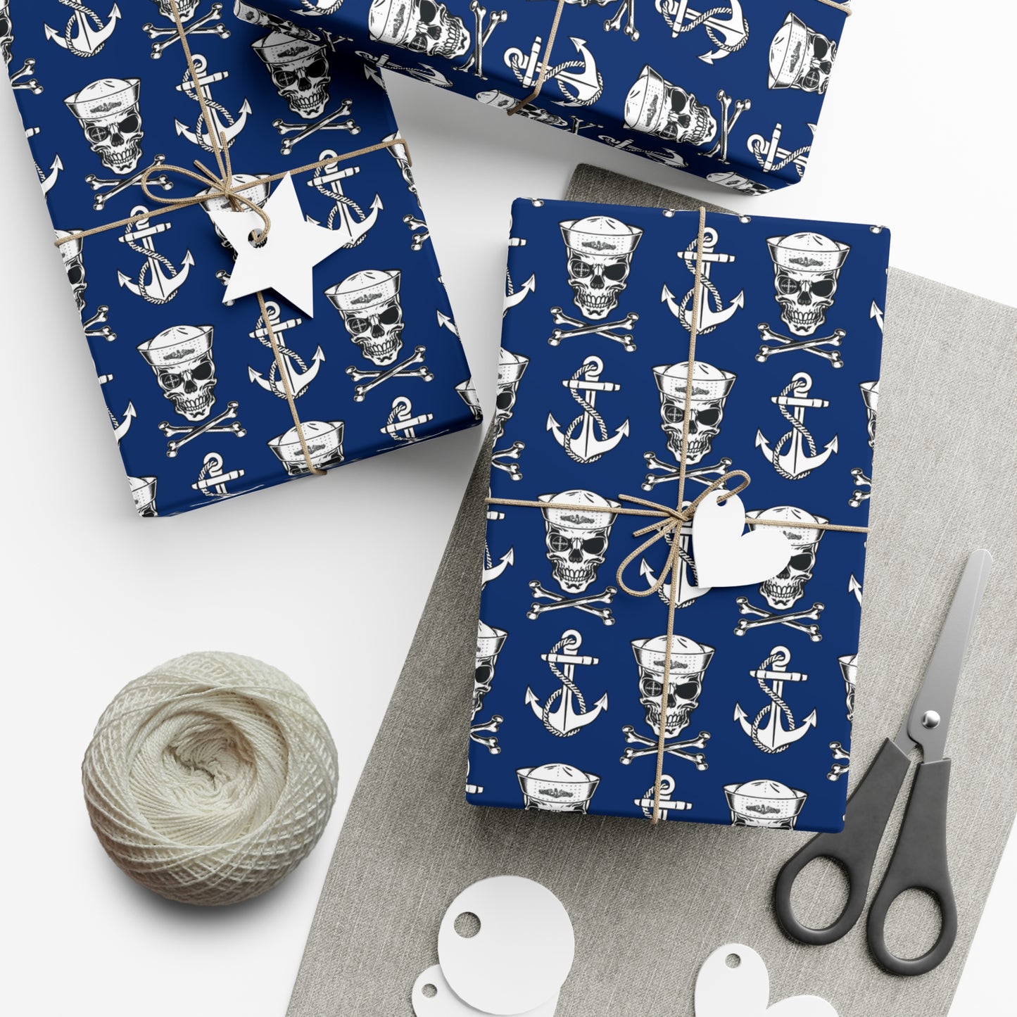 US Navy Submarine Force Sailor Skull Crossbones Wearing Dolphins with Anchors Blue Gift Wrap Papers