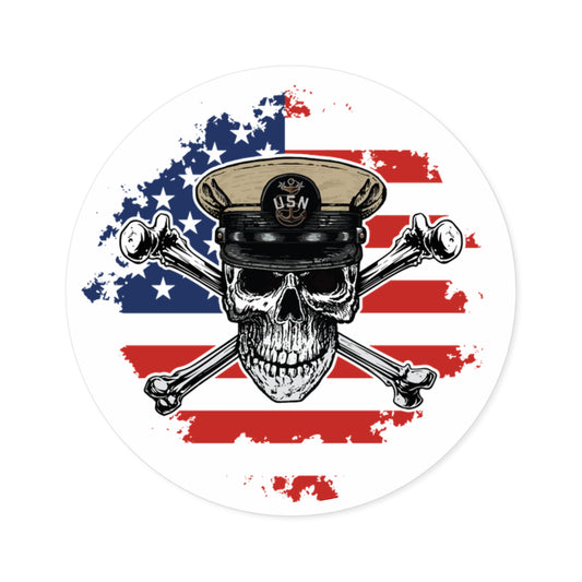 Naval Master Chief MCPO Skull & Crossbones on American Flag Round Sticker