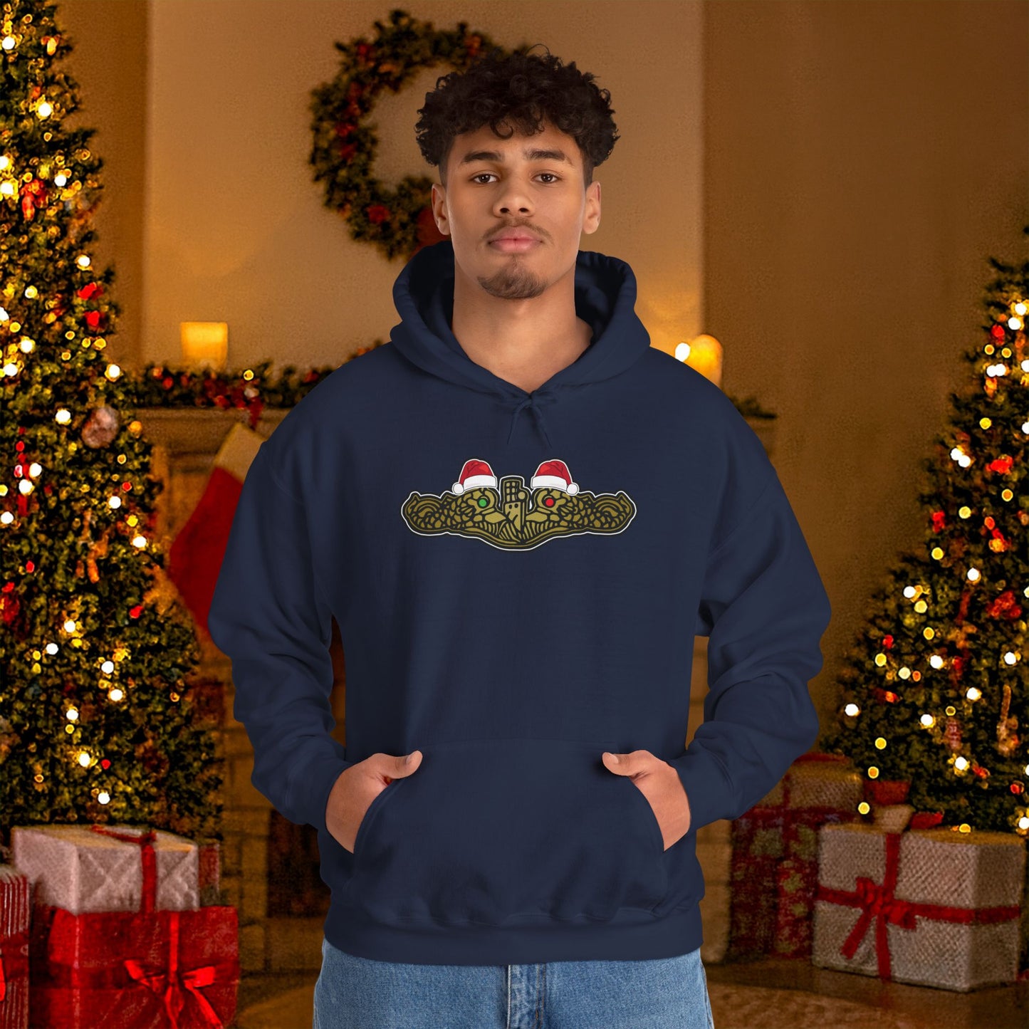 United States Submarine Force Gold Dolphins Christmas Hats with Red and Green Eyes Unisex Heavy Blend™ Hooded Sweatshirt