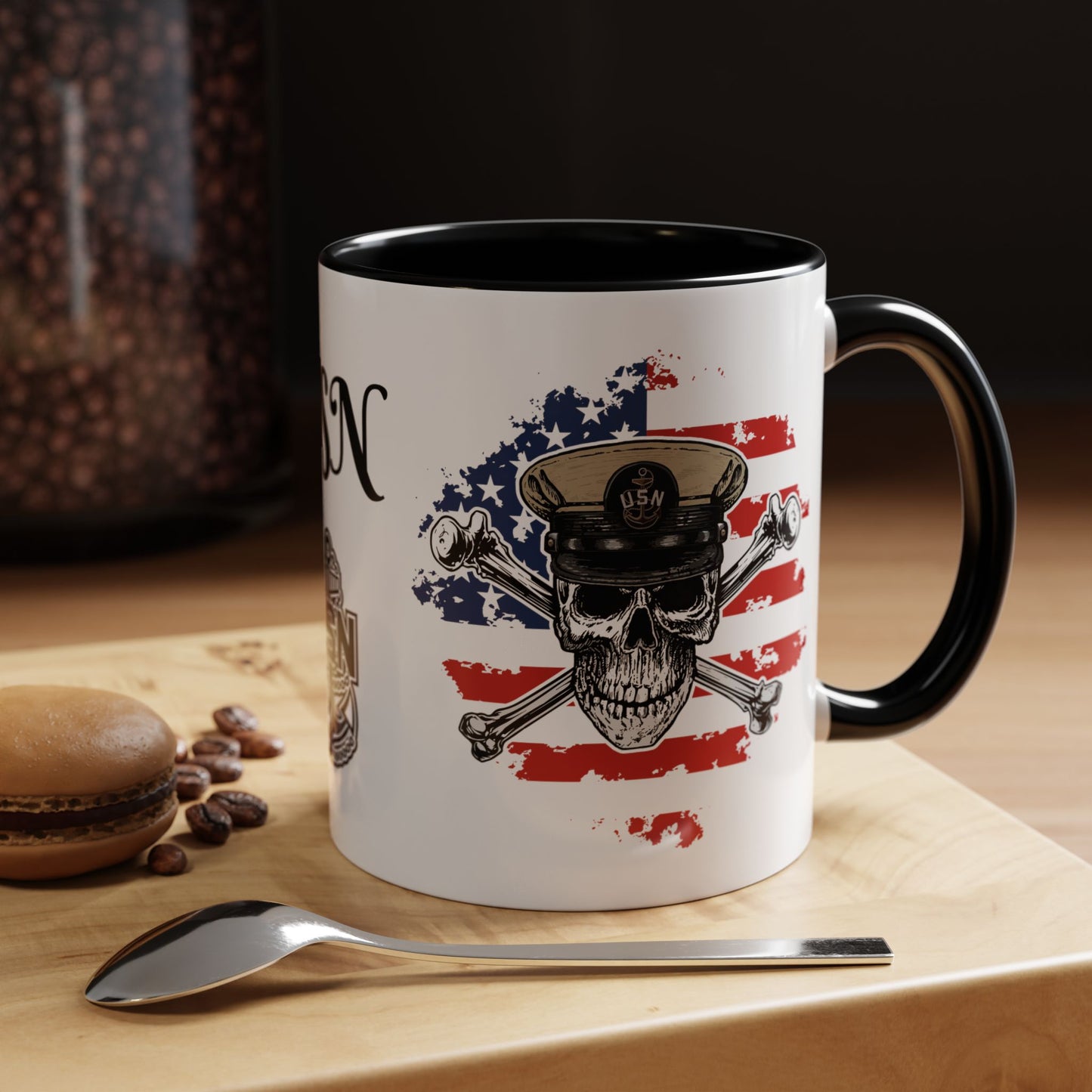 US Navy Chief Skull & Crossbones on American Flag CPO Anchor Accent Coffee Mugs