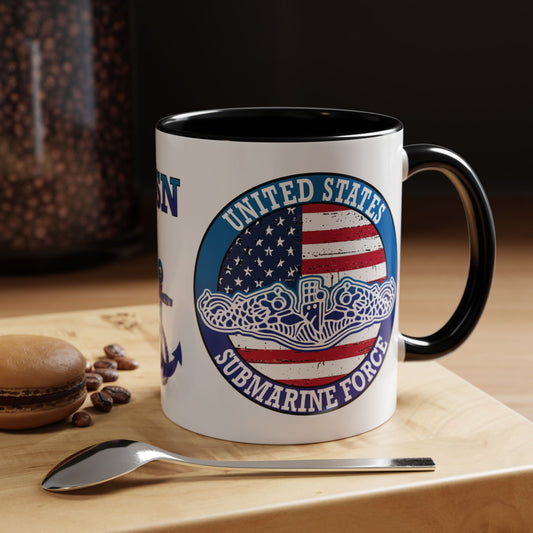 United States Navy Submarine Force Silent Service White Dolphins on American Flag Accent Coffee Mugs