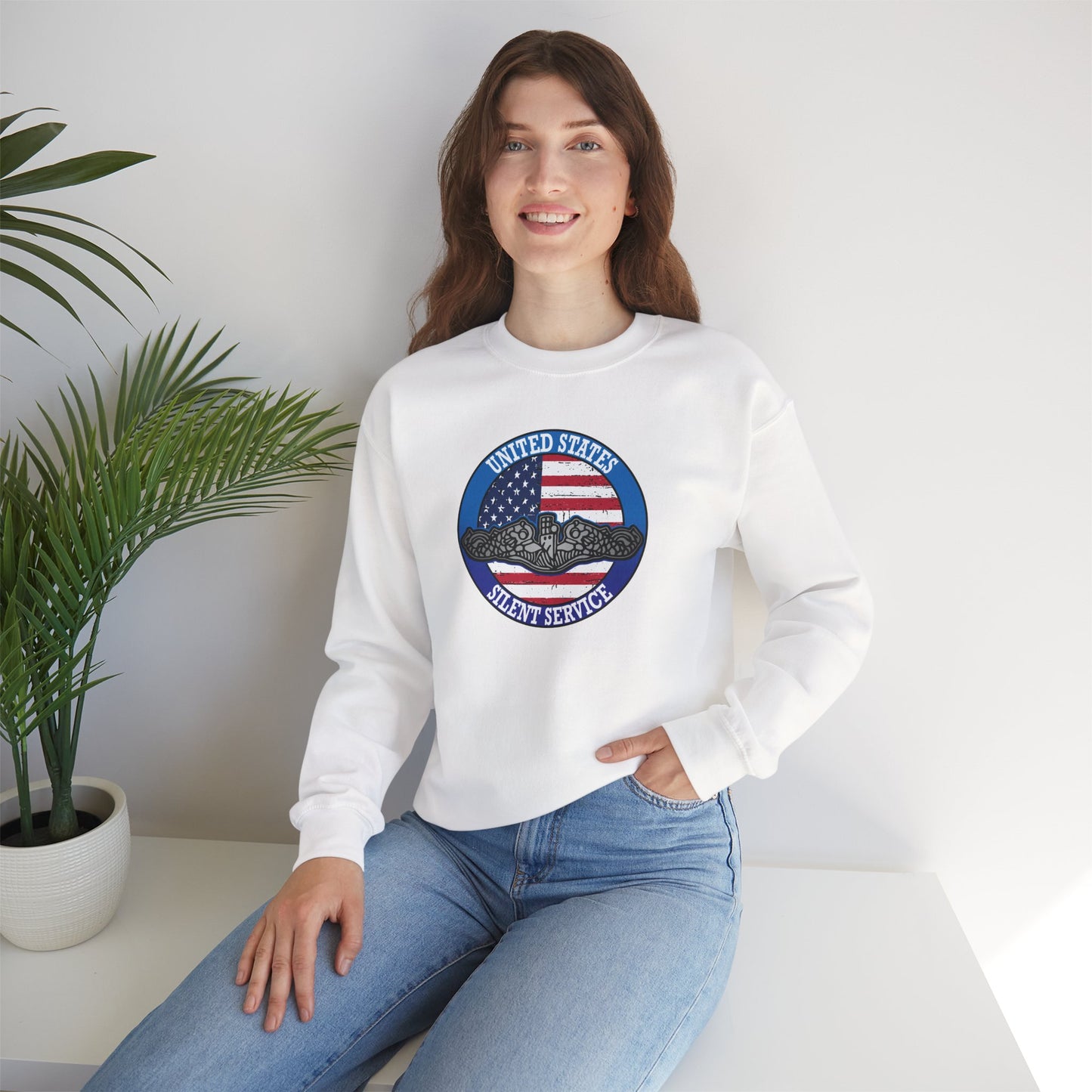 United States Silent Service Submarine Force Silver Dolphins on Distressed American Flag Unisex Heavy Blend™ Crewneck Sweatshirt