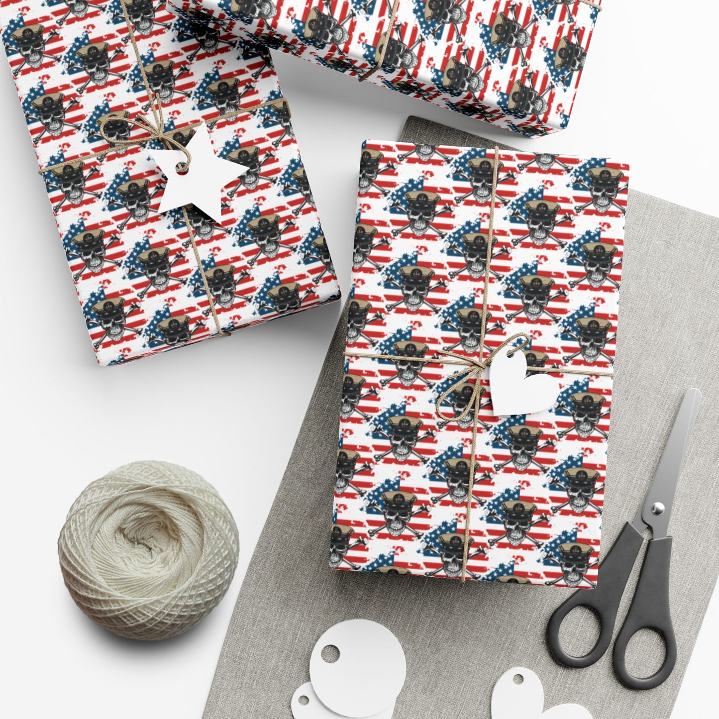 US Navy Chief Petty Officer CPO Skull & Crossbones with Distressed American Flag White Gift Wrap Papers