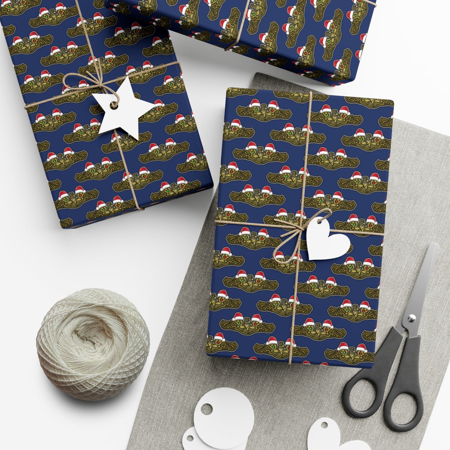United States Navy Submarine Force Gold Officer Dolphins Christmas Hats with Red and Green Eyes Blue Gift Wrap Papers