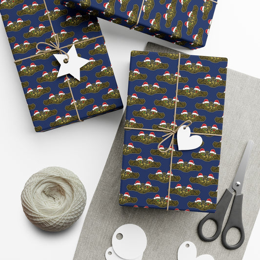 United States Navy Submarine Force Gold Officer Dolphins Christmas Hats with Red and Green Eyes Blue Gift Wrap Papers