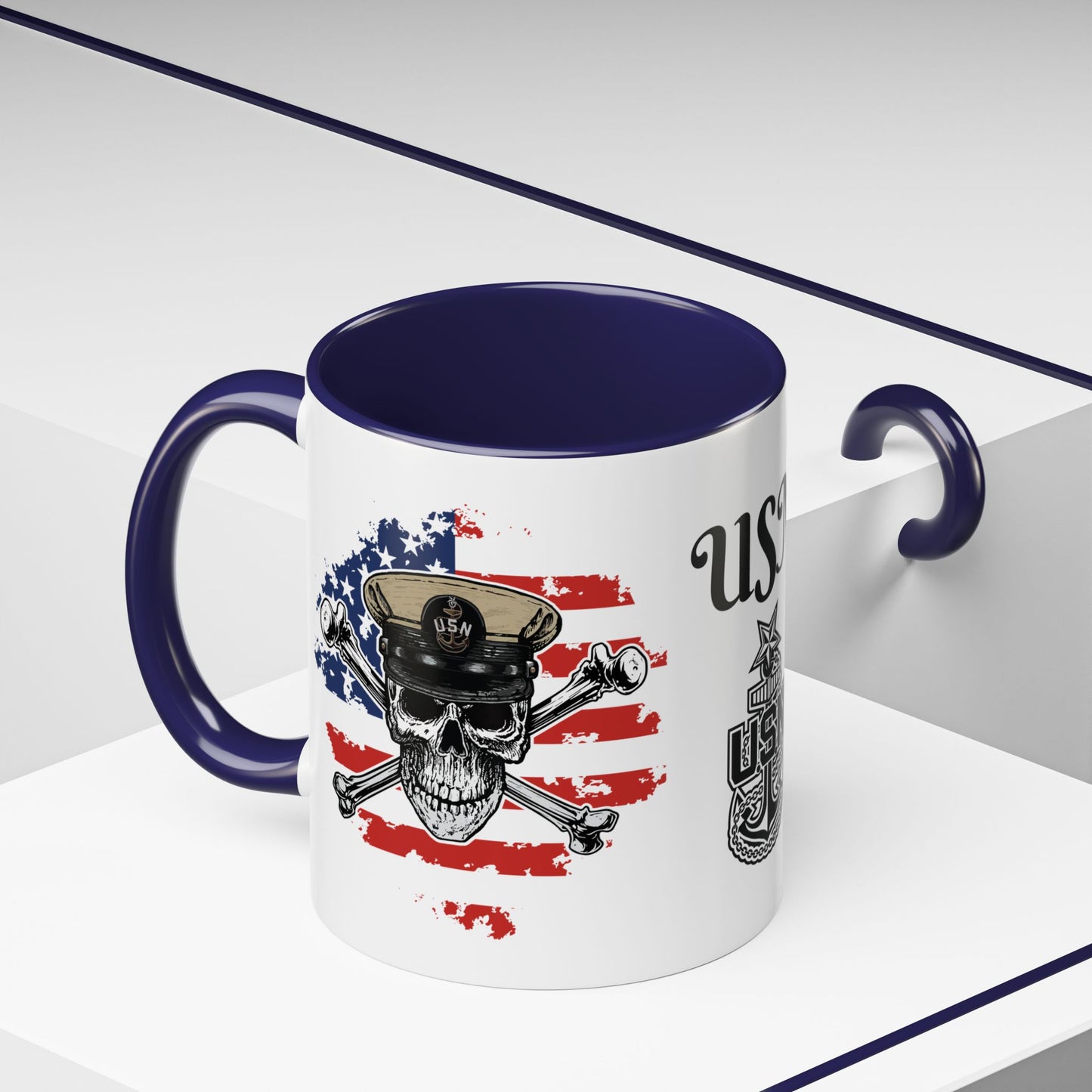 US Navy Senior Chief Skull & Crossbones on American Flag SCPO Anchor Accent Coffee Mugs