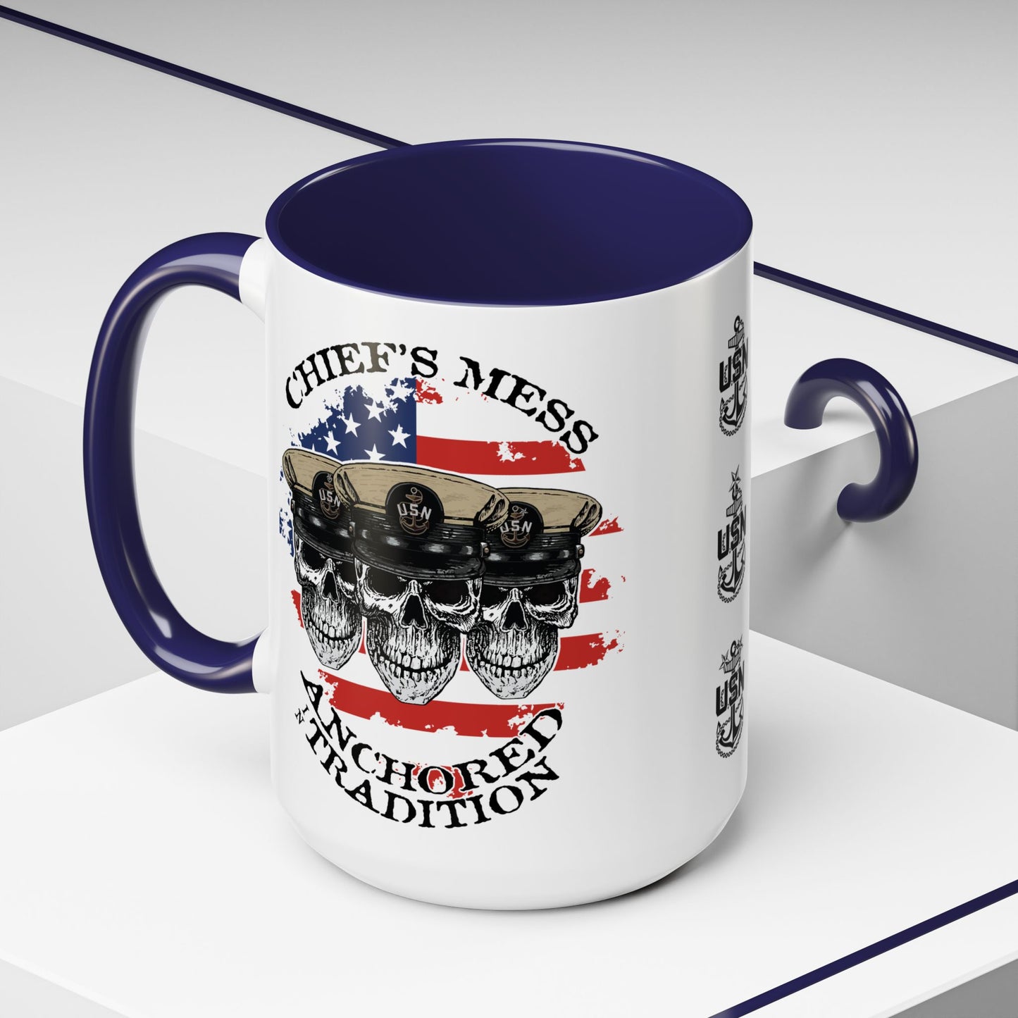 US Navy Chief's Mess Anchored Tradition CPO Sailor Skulls with Distressed USA Flag Accent Coffee Mugs
