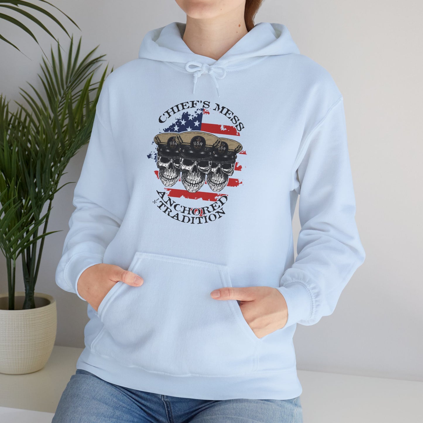 Chief's Mess Anchored Tradition CPO Sailor Skulls on Distressed USA Flag Unisex Heavy Blend™ Hooded Sweatshirt