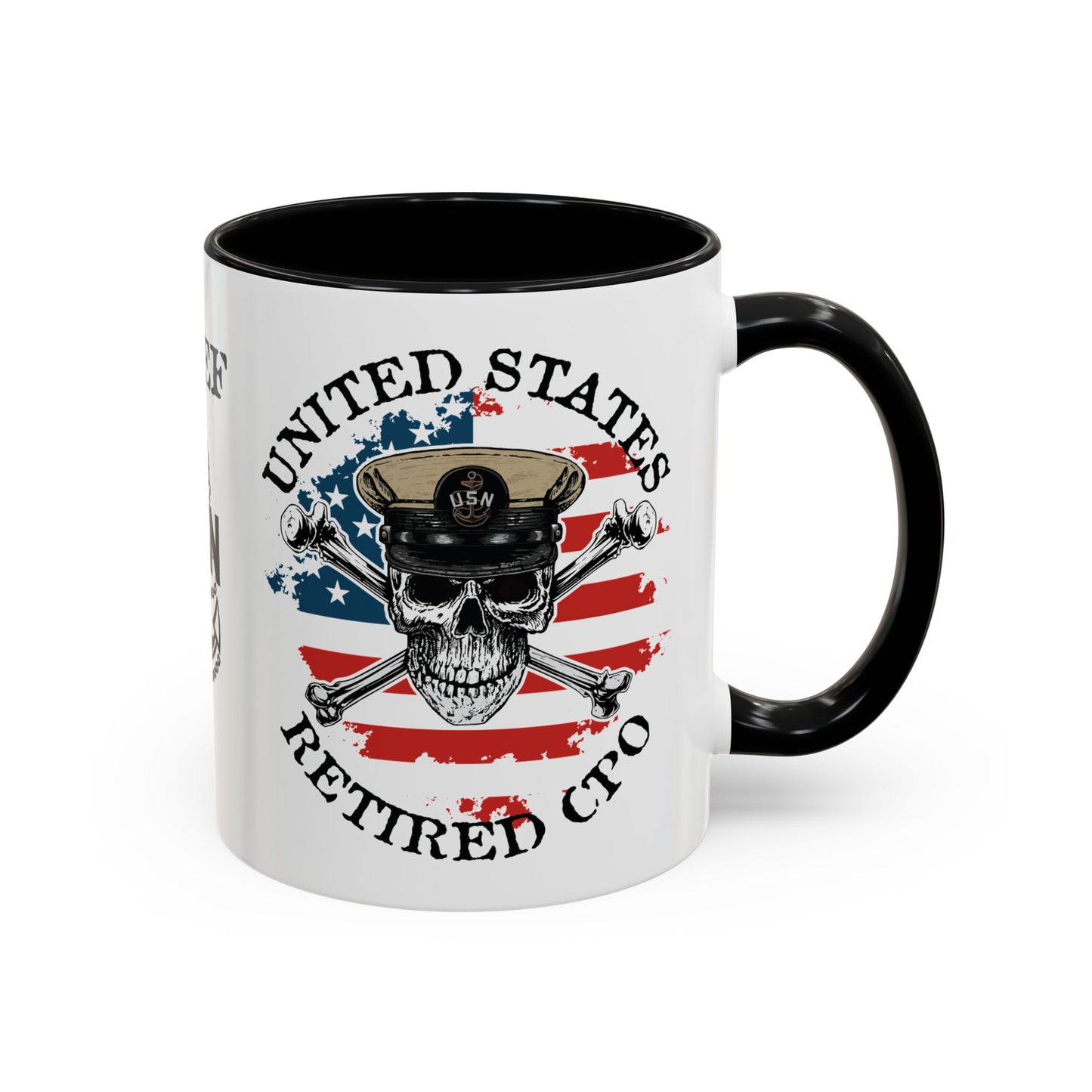 United States Navy Retired CPO Skull Crossbones Chief Petty Officer Anchor with Distressed USA Flag Accent Coffee Mugs