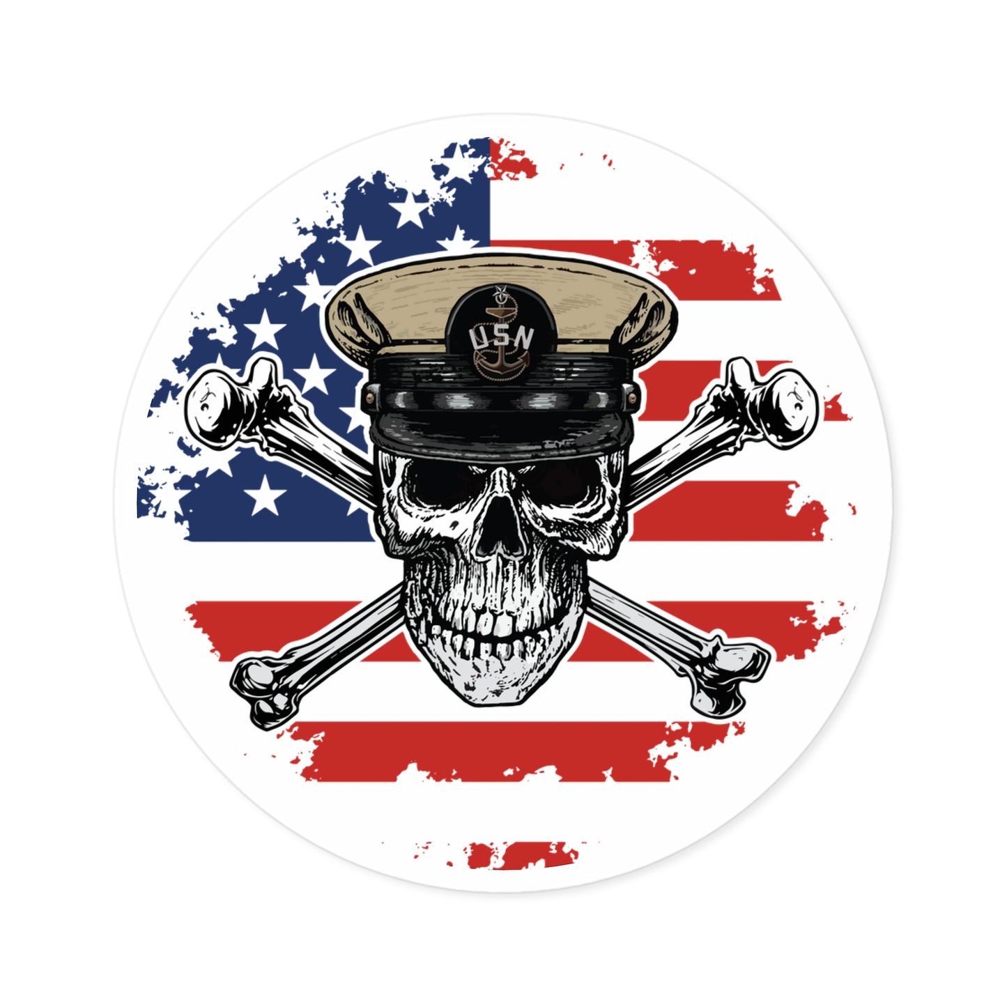 Naval Senior Chief SCPO Skull & Crossbones on American Flag Round Sticker