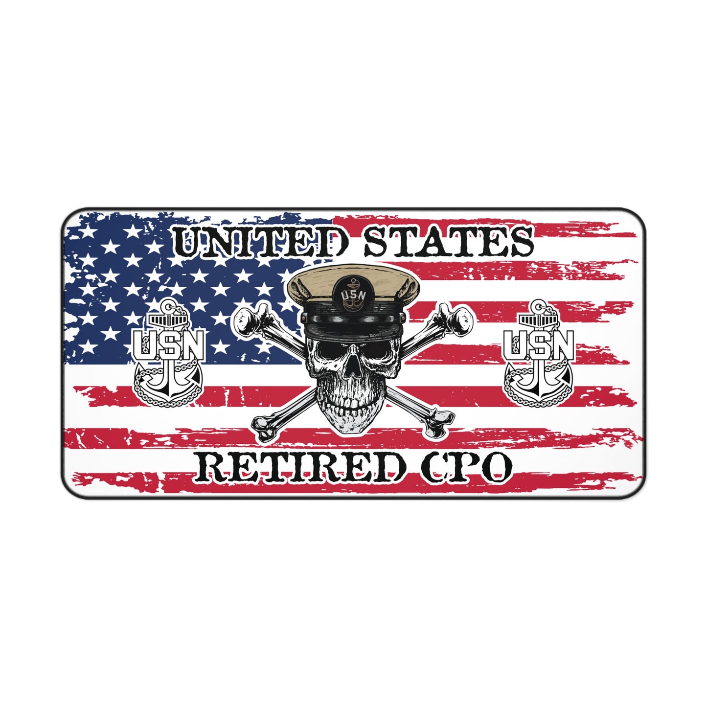 United States Retired CPO Skull Crossbones Chief with Distressed American Flag Desk Mat