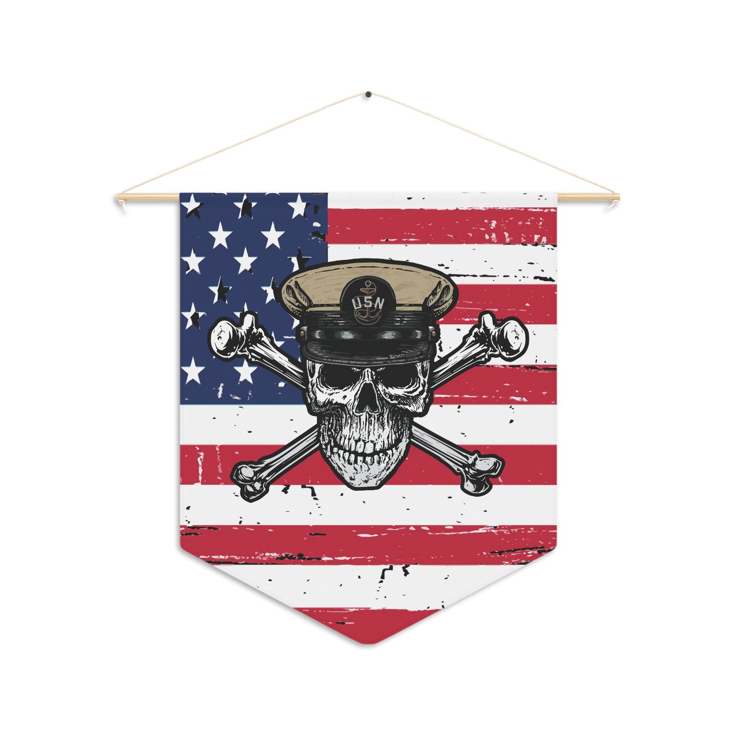 United States Navy Chief Petty Officer Skull & Crossbones on Distressed USA Flag Pennant