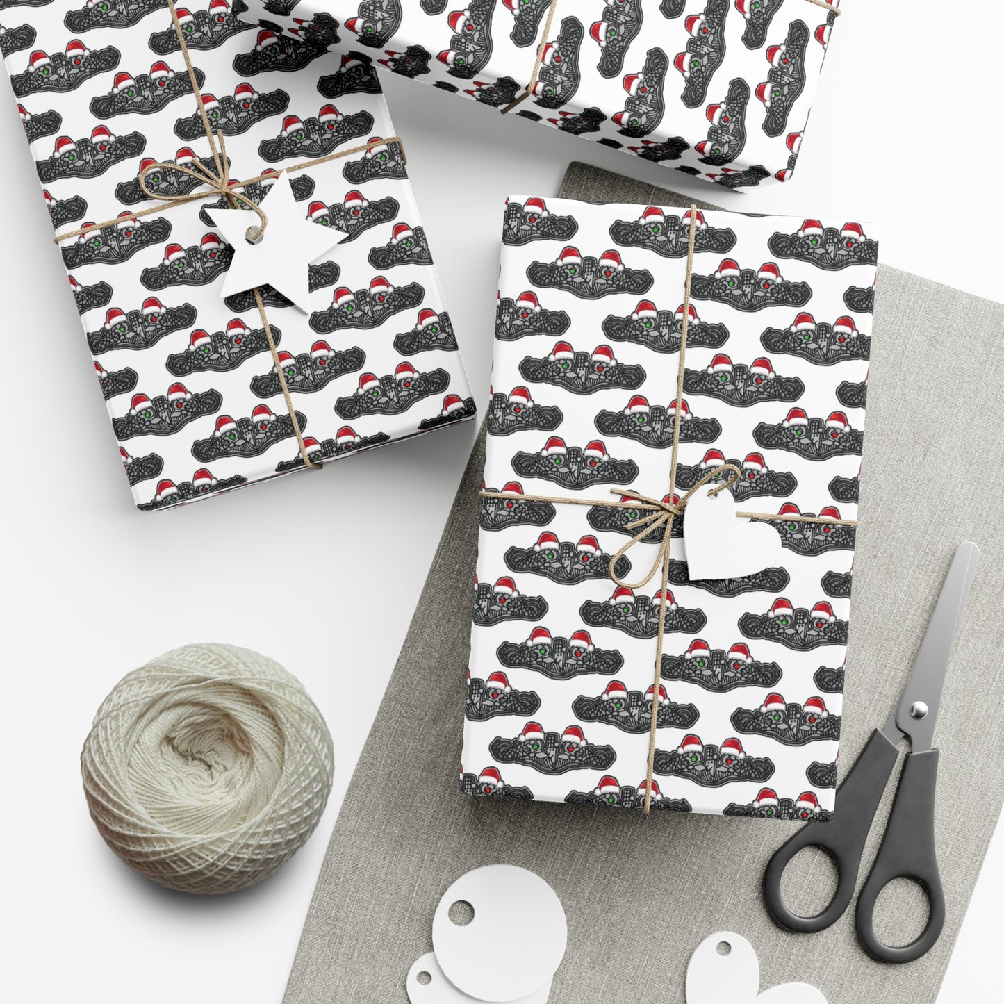 United States Navy Submarine Force Silver Enlisted Dolphins Christmas Hats with Red and Green Eyes White Gift Wrap Papers