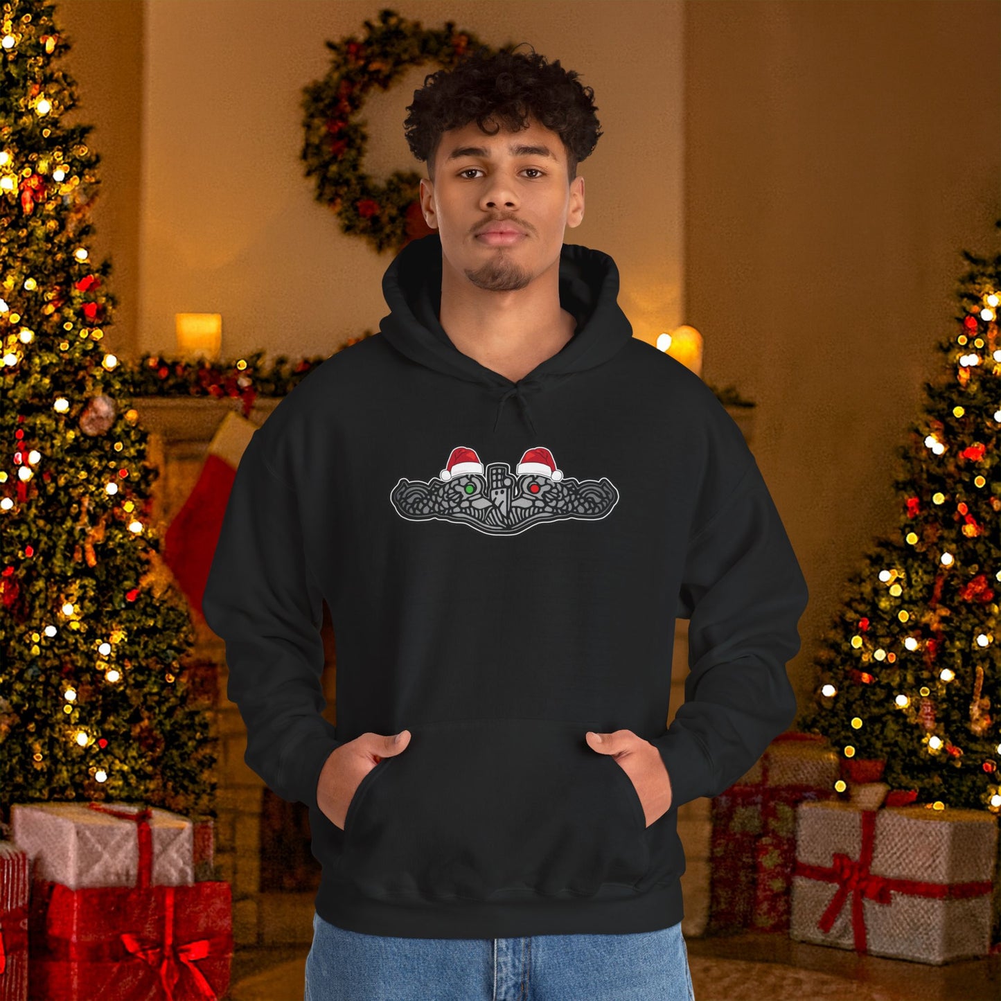 United States Submarine Force Silver Dolphins Christmas Hats with Red and Green Eyes Unisex Heavy Blend™ Hooded Sweatshirt