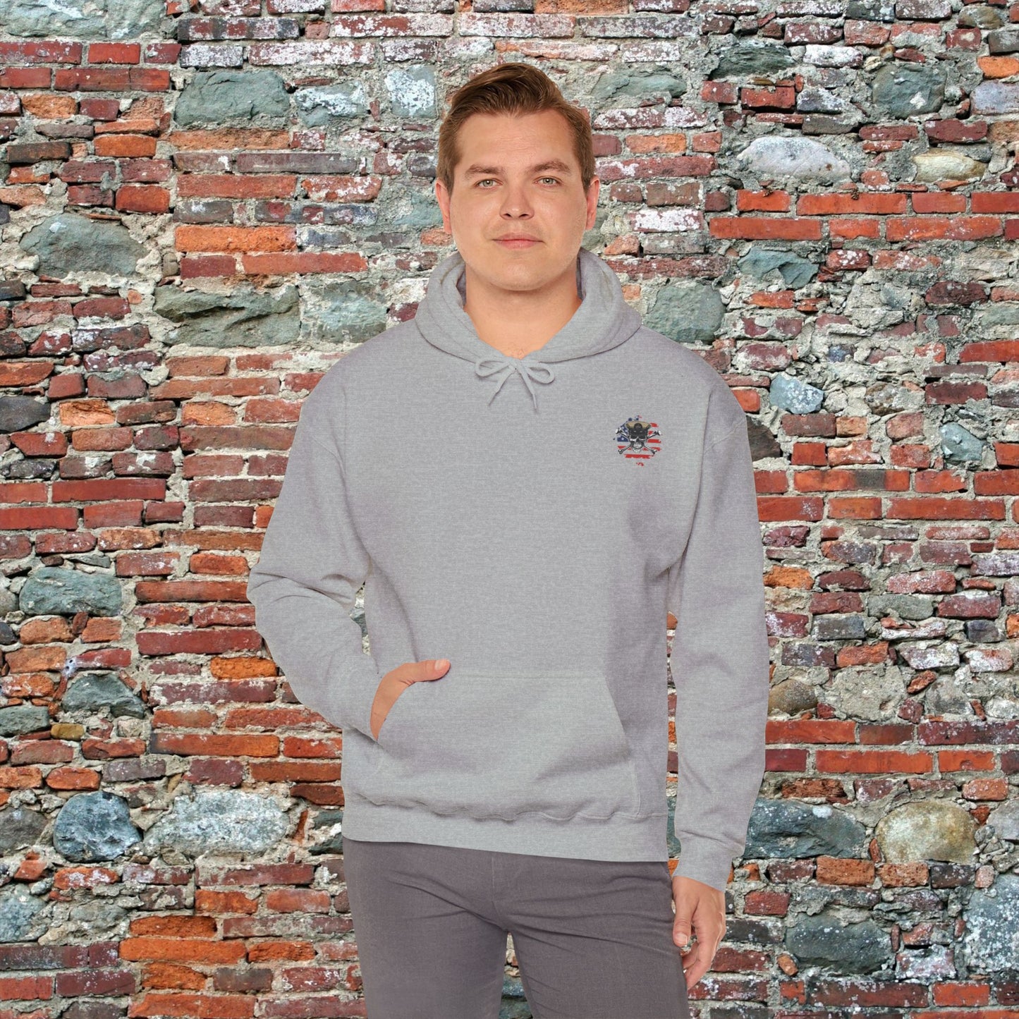 United States Retired CPO Skull Crossbones Chief Petty Officer on Distressed American Flag Mini Front Unisex Heavy Blend™ Hooded Sweatshirt