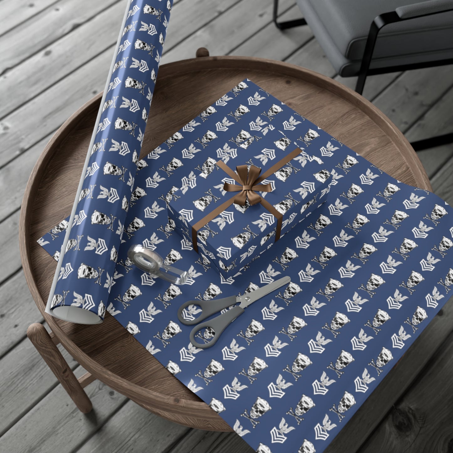 United States Navy FCPO Skull Crossbones First Class Sailor with Naval Dolphins Blue Gift Wrap Papers