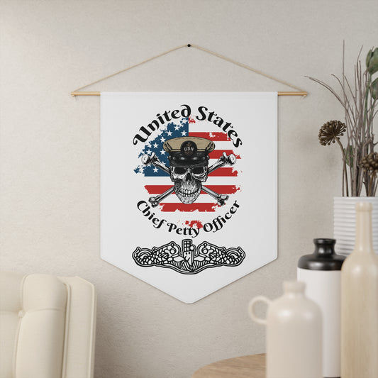 United States Navy Chief Petty Officer Skull & Crossbones on American Flag with Dolphins on White Pennant