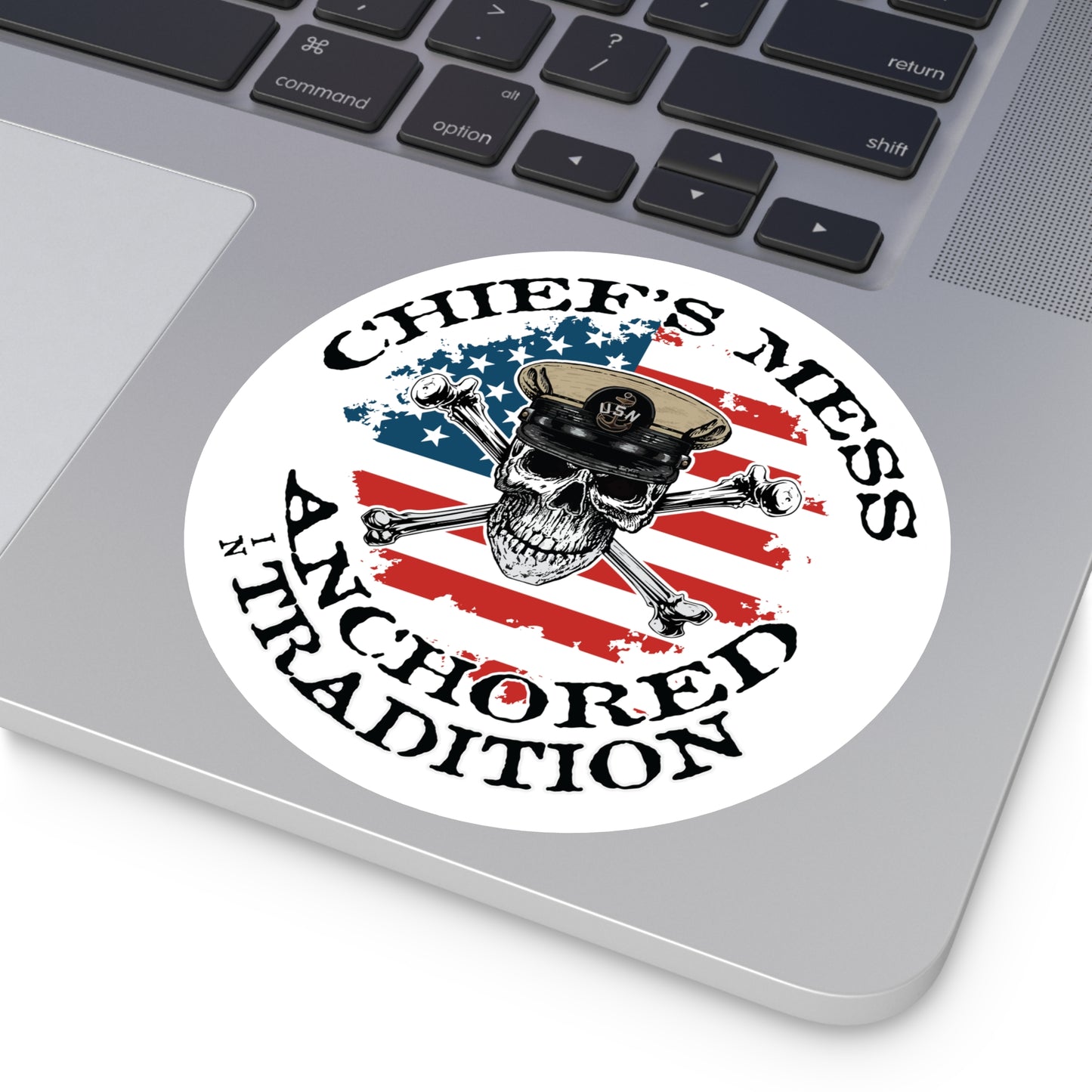 Chief's Mess Anchored Tradition Skull Crossbones on Distressed USA Flag Round Sticker