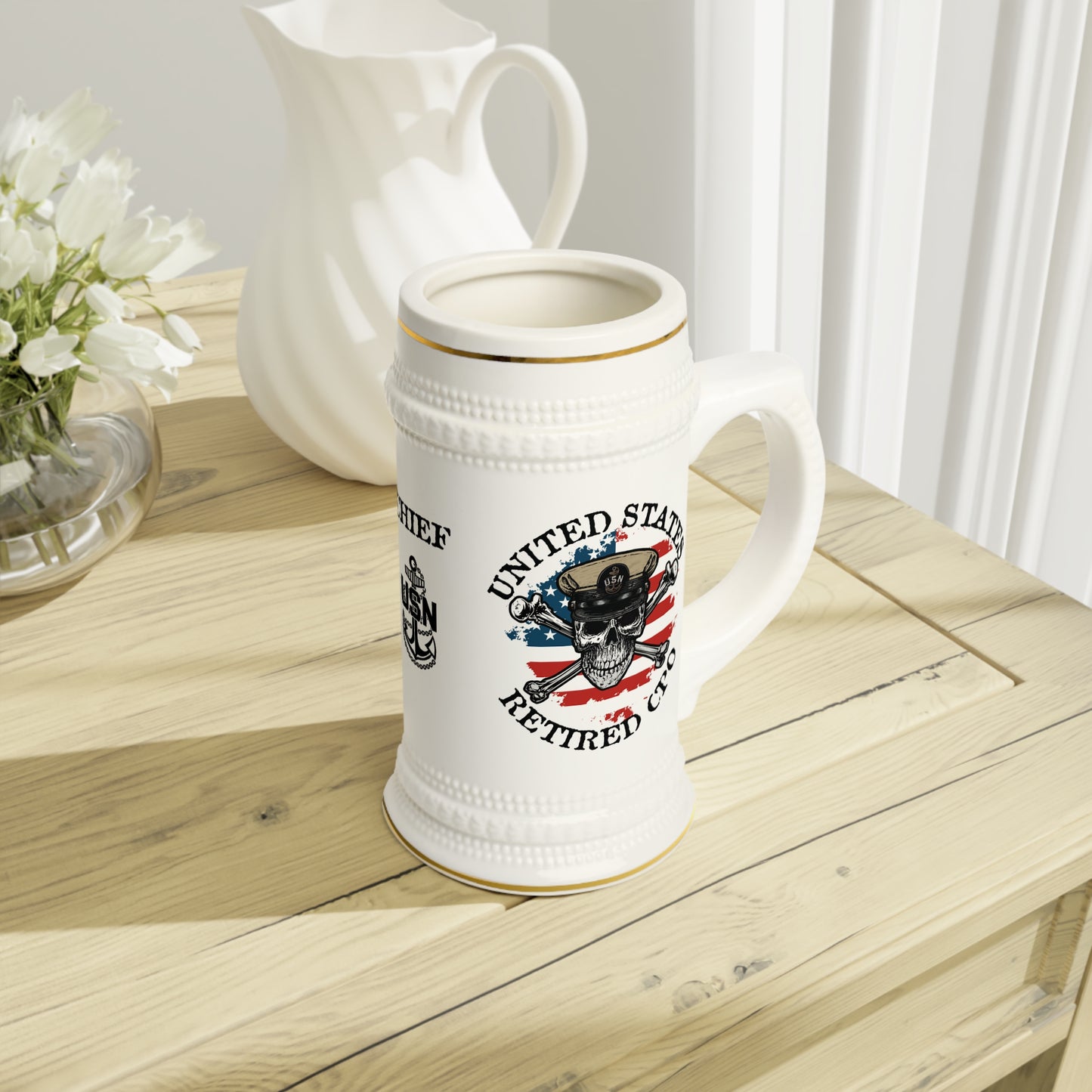 US Retired Chief Petty Officer Skull Crossbones with Distressed American Flag Stein Mug