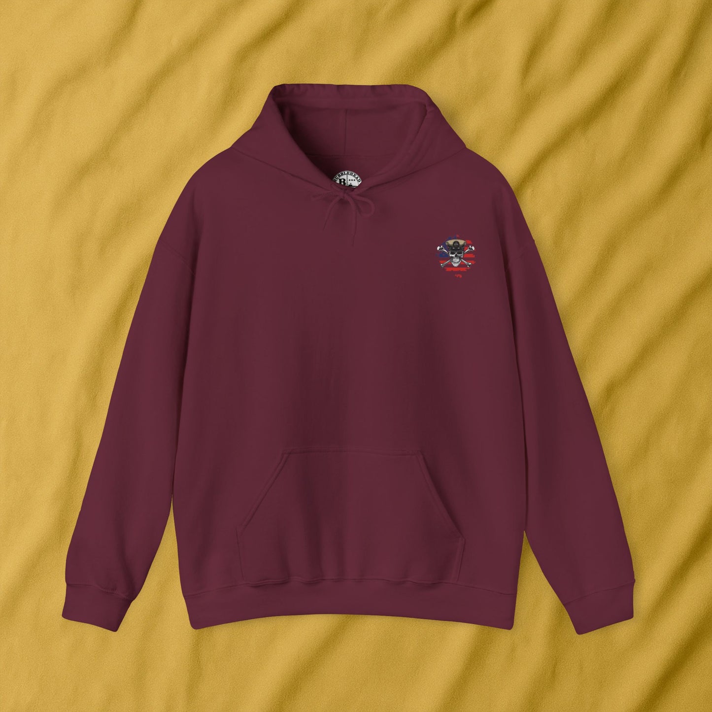 United States Retired CPO Skull Crossbones Chief Petty Officer on Distressed American Flag Mini Front Unisex Heavy Blend™ Hooded Sweatshirt