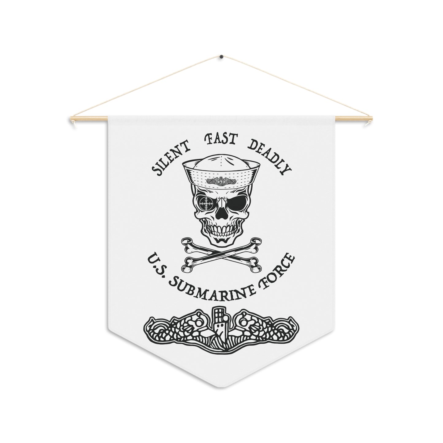 US Navy Submarine Force Skull and Crossbones Sailor with Dolphins on White Pennant