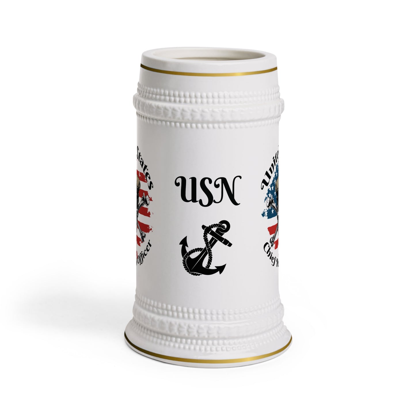 United States Navy Chief Petty Officer Skull & Crossbones on American Flag Stein Mug