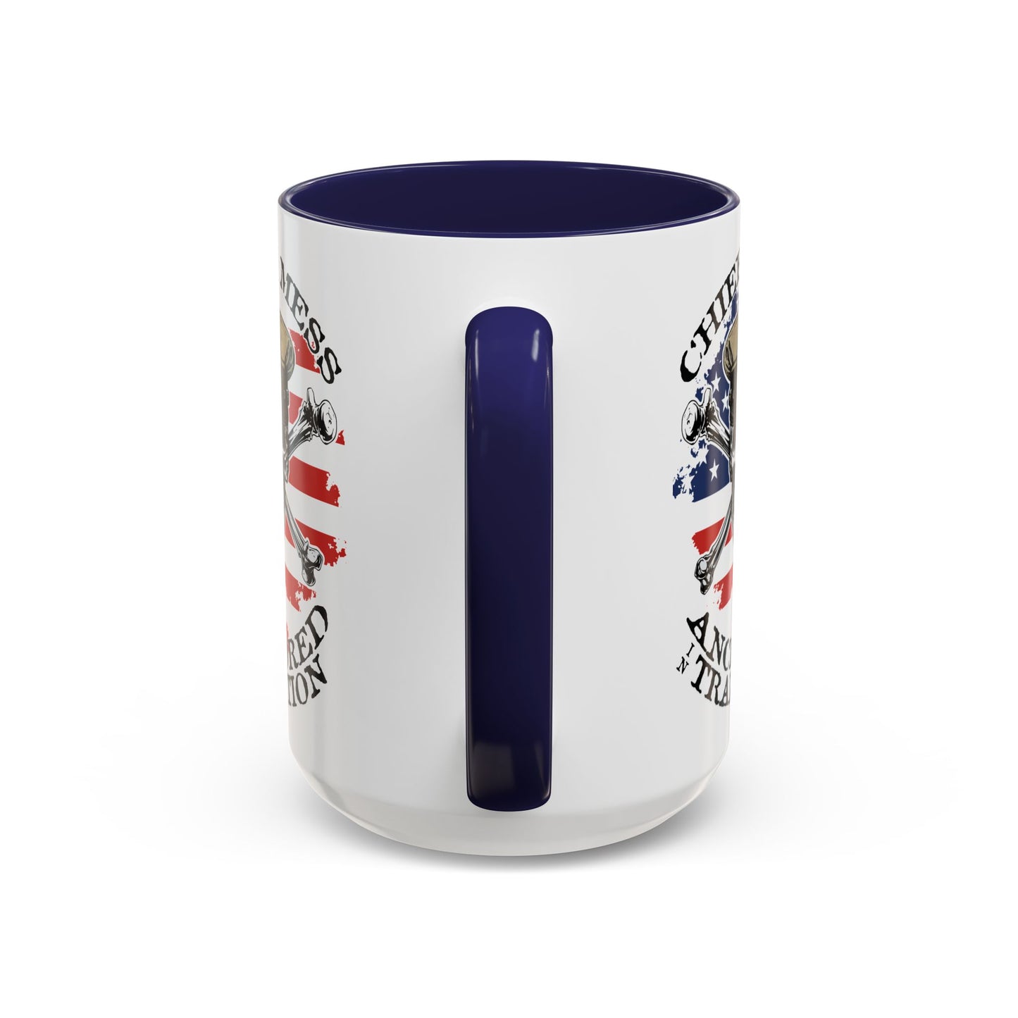 US Navy Chief's Mess Anchored Tradition CPO Sailor Skull with Distressed USA Flag Accent Coffee Mugs