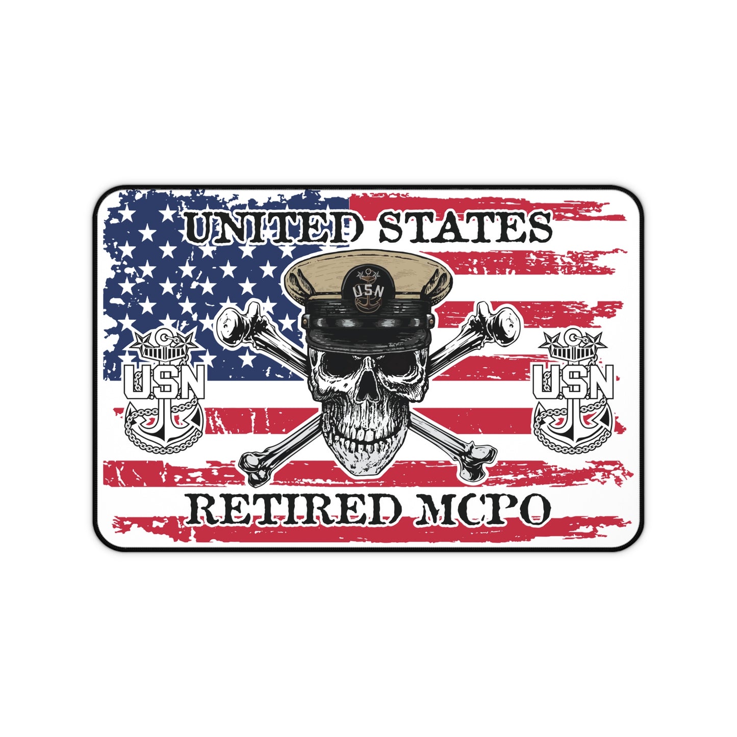 US Retired Master Chief Skull Crossbones with Distressed American Flag Desk Mat