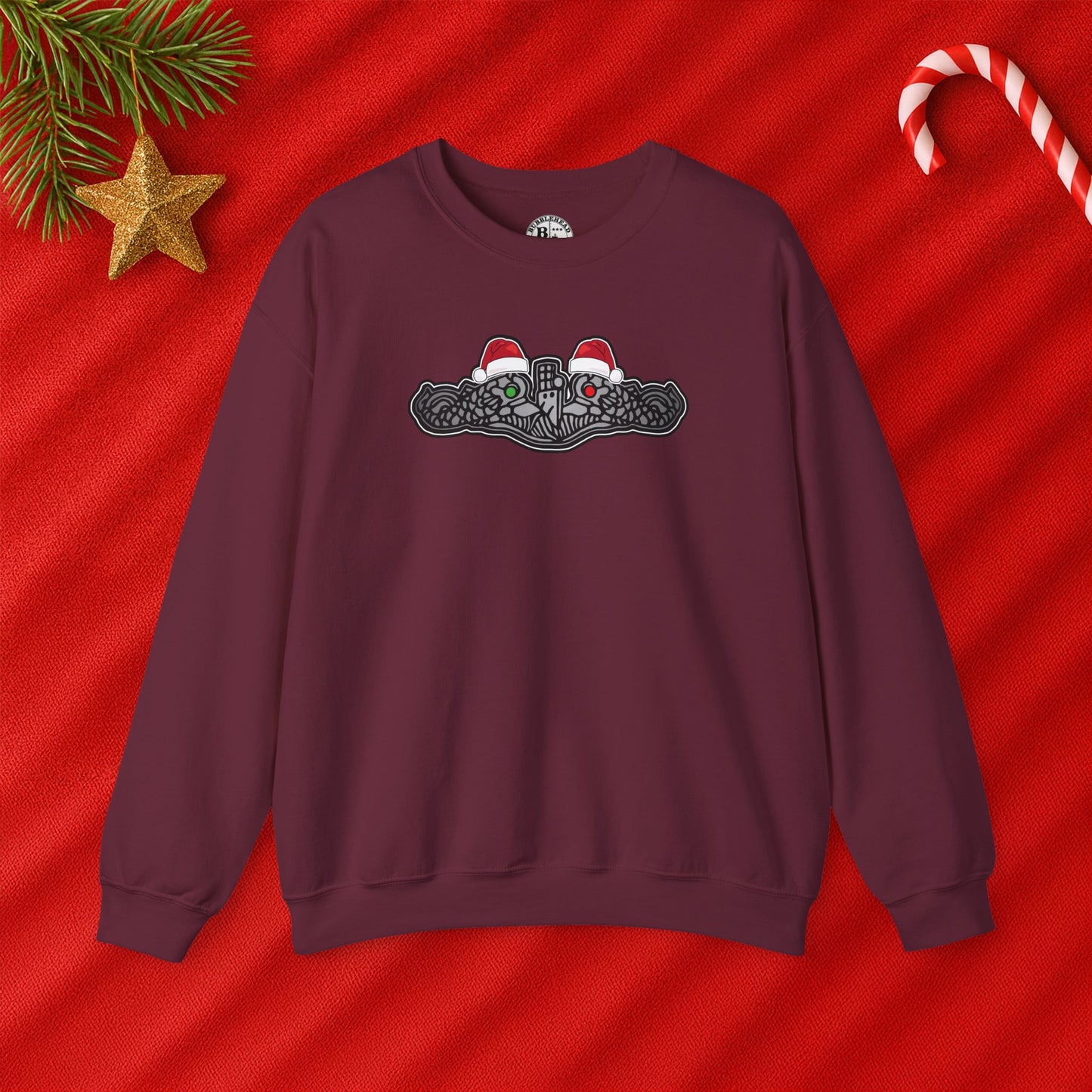 United States Submarine Force Silver Dolphins Christmas Santa Hats with Red and Green Eyes Unisex Heavy Blend™ Crewneck Sweatshirt