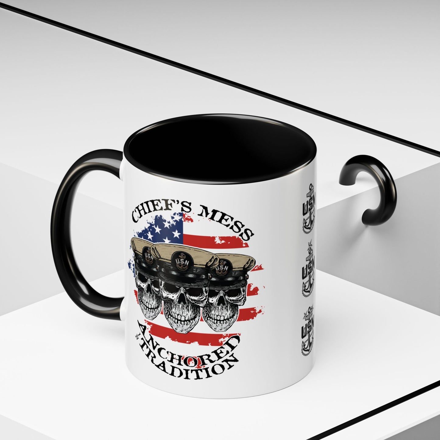 US Navy Chief's Mess Anchored Tradition CPO Sailor Skulls with Distressed USA Flag Accent Coffee Mugs