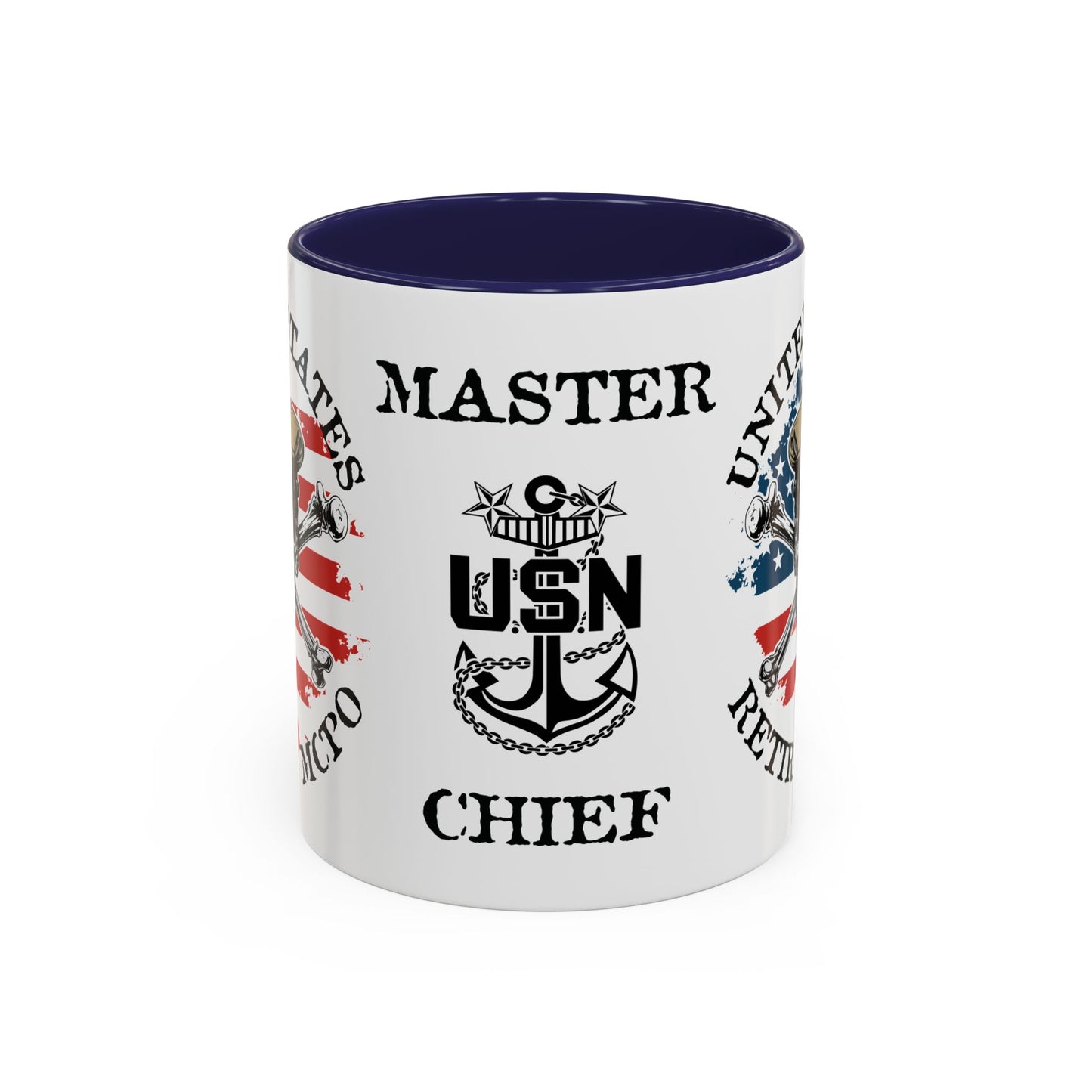 United States Navy Retired MCPO Skull Crossbones Master Chief Petty Officer Anchor with Distressed USA Flag Accent Coffee Mugs