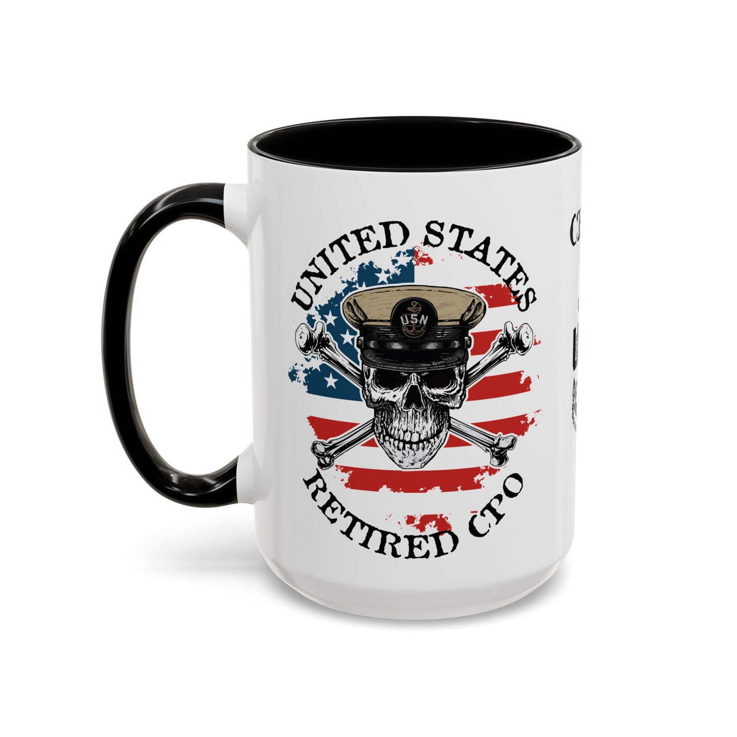 United States Navy Retired CPO Skull Crossbones Chief Petty Officer Anchor with Distressed USA Flag Accent Coffee Mugs