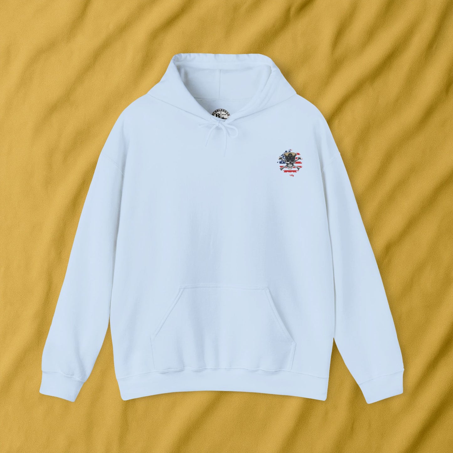 United States Retired CPO Skull Crossbones Chief Petty Officer on Distressed American Flag Mini Front Unisex Heavy Blend™ Hooded Sweatshirt