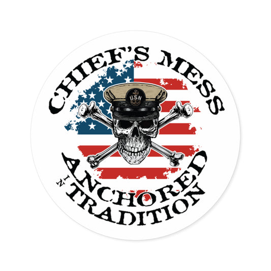 Chief's Mess Anchored Tradition Skull Crossbones on Distressed USA Flag Round Sticker