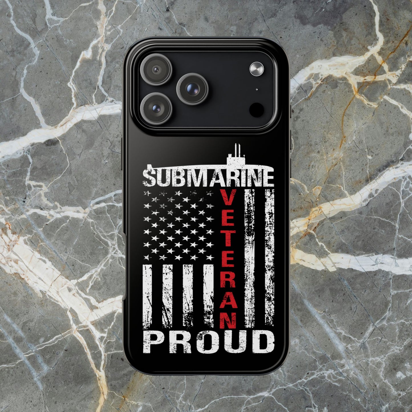 U.S. Submarine Veteran Proud Distressed White USA Flag Black Tough iPhone Case