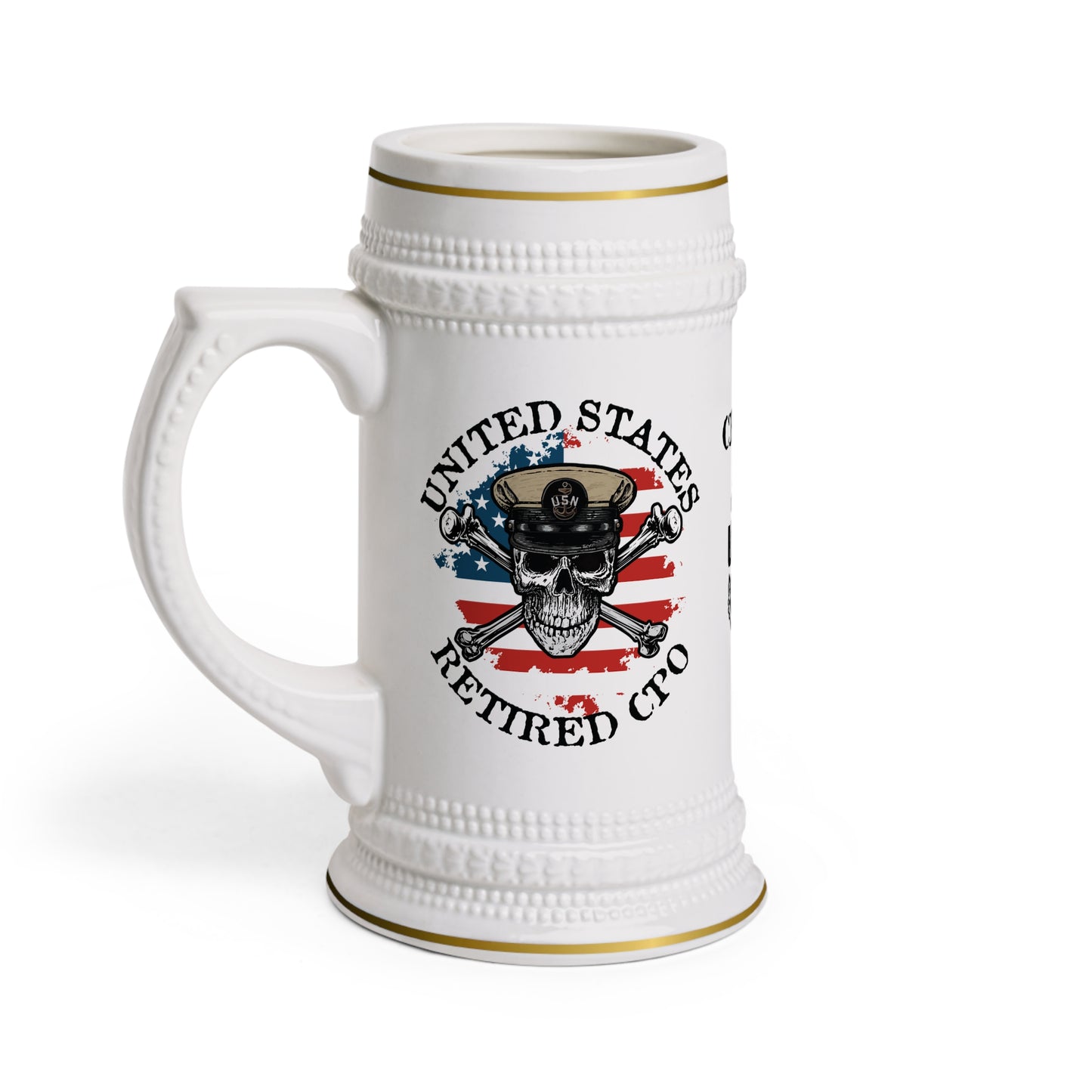 US Retired Chief Petty Officer Skull Crossbones with Distressed American Flag Stein Mug