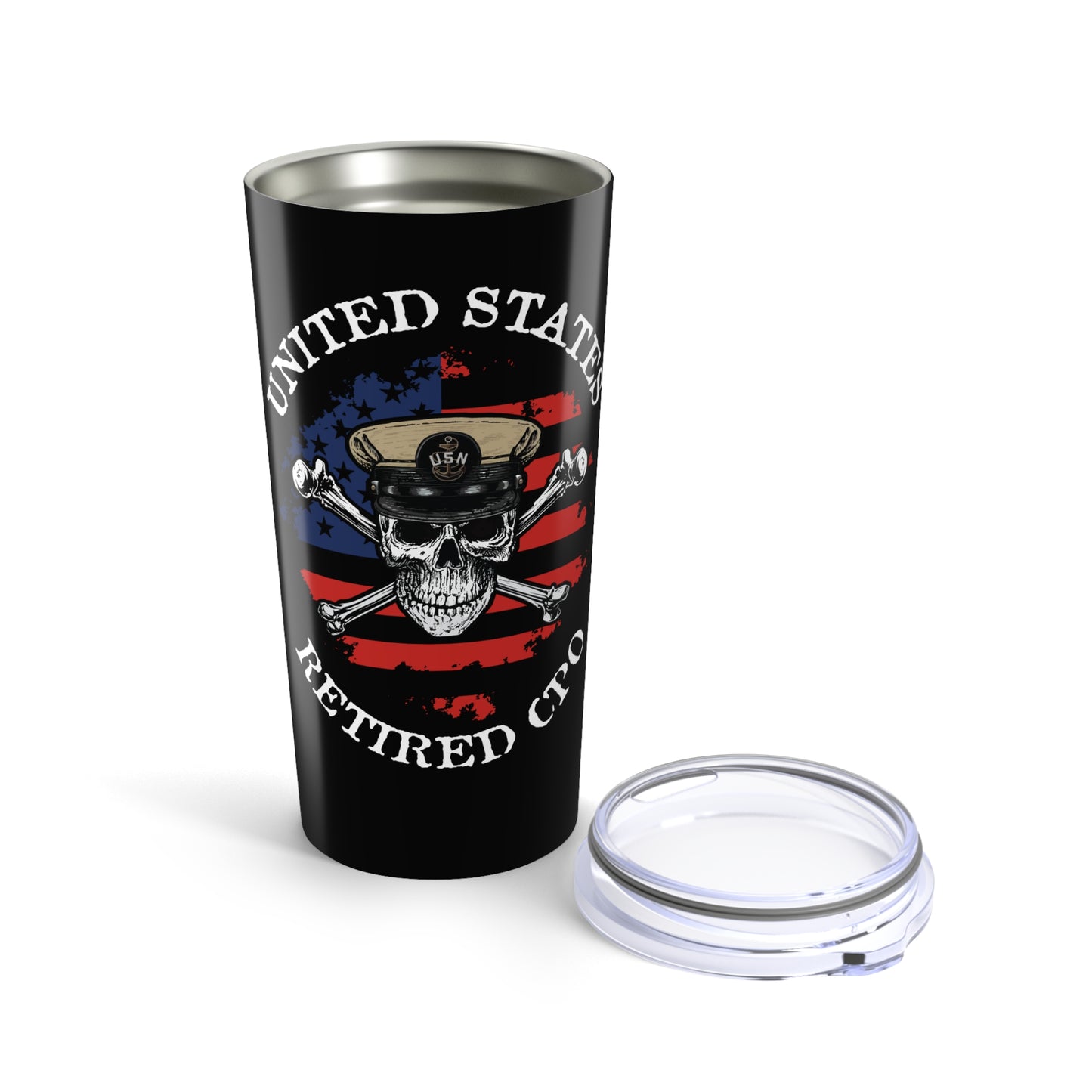 United States Retired CPO Skull Crossbones Chief Petty Officer with Distressed American Flag Stainless Steel Tumbler 20oz