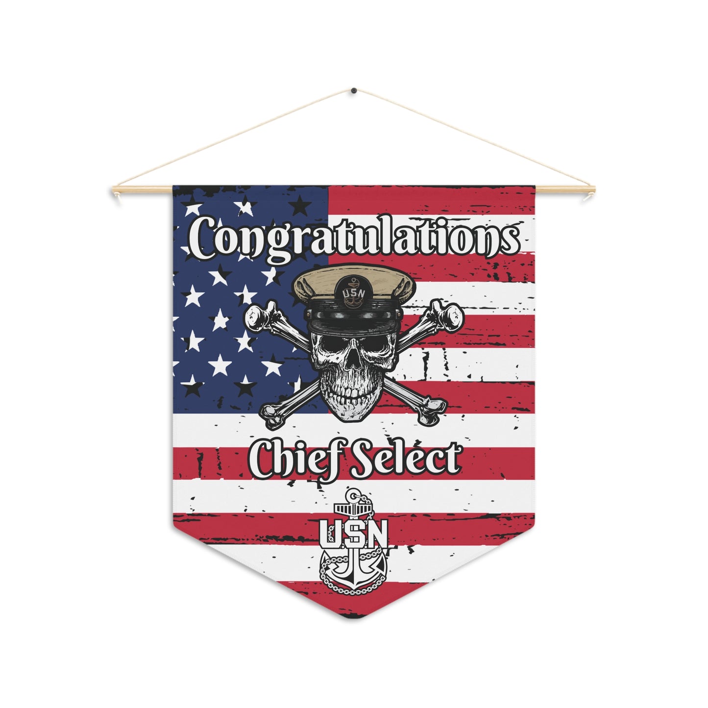 US Navy Chief Skull & Crossbones Congrats CPO Select USA Distressed Flag Pennant Wht Text
