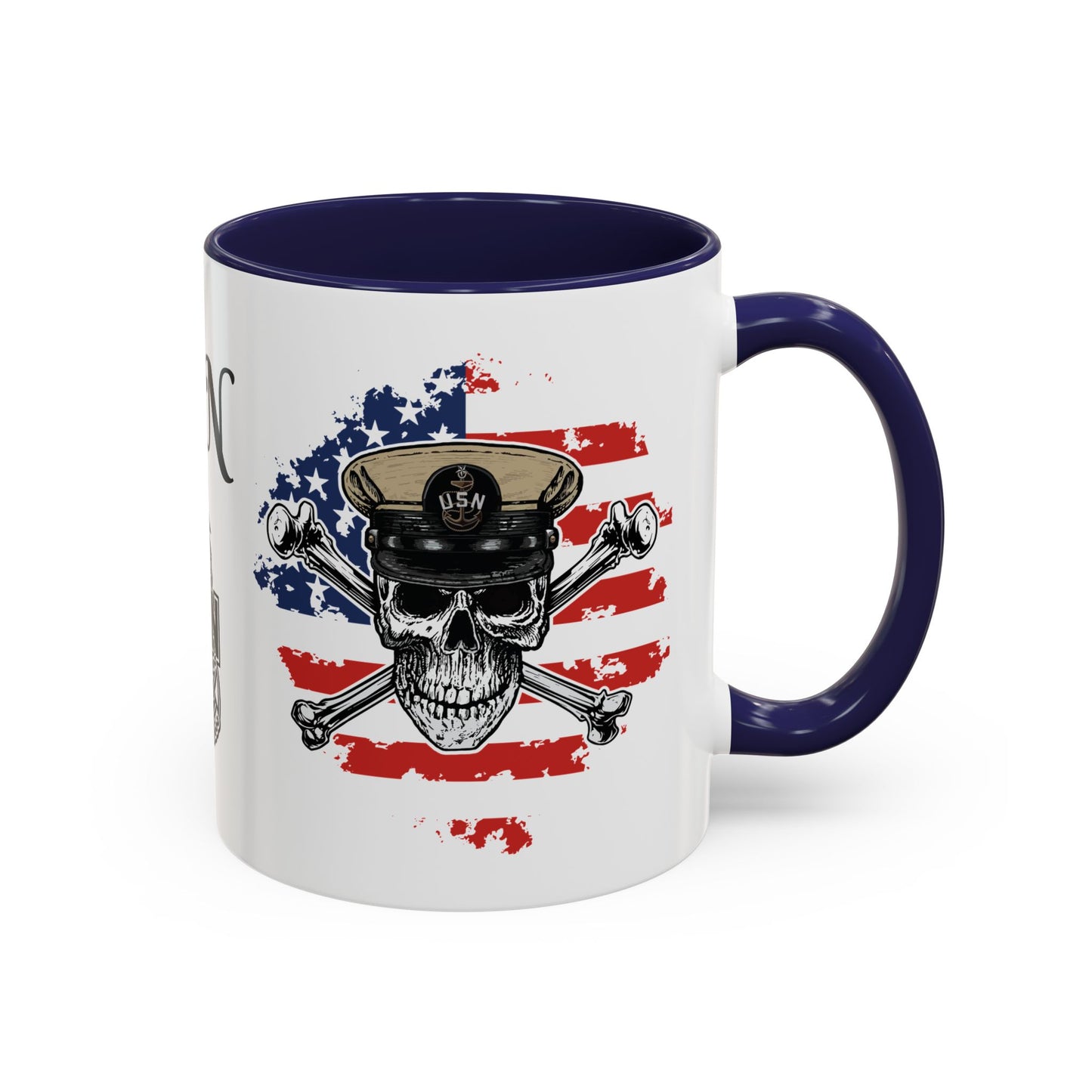 US Navy Senior Chief Skull & Crossbones on American Flag SCPO Anchor Accent Coffee Mugs