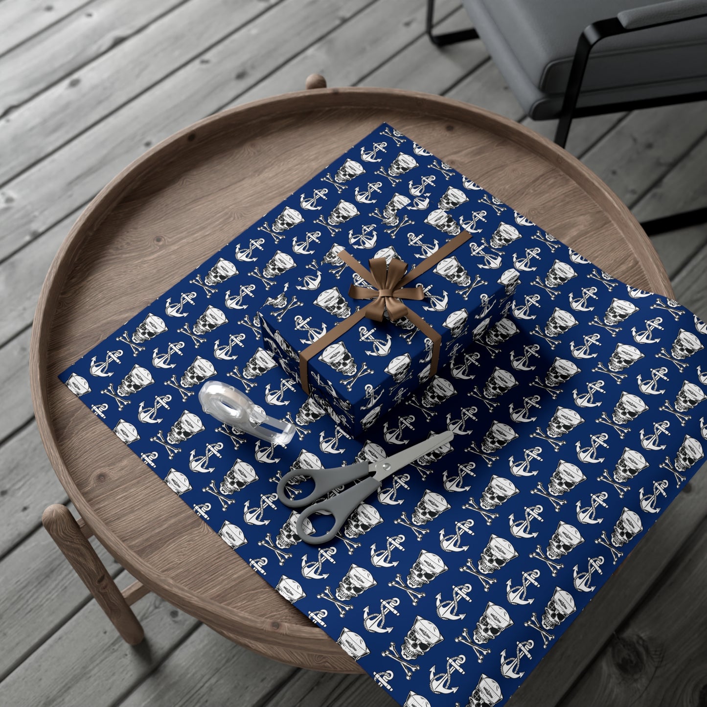 US Navy Submarine Force Sailor Skull Crossbones Wearing Dolphins with Anchors Blue Gift Wrap Papers