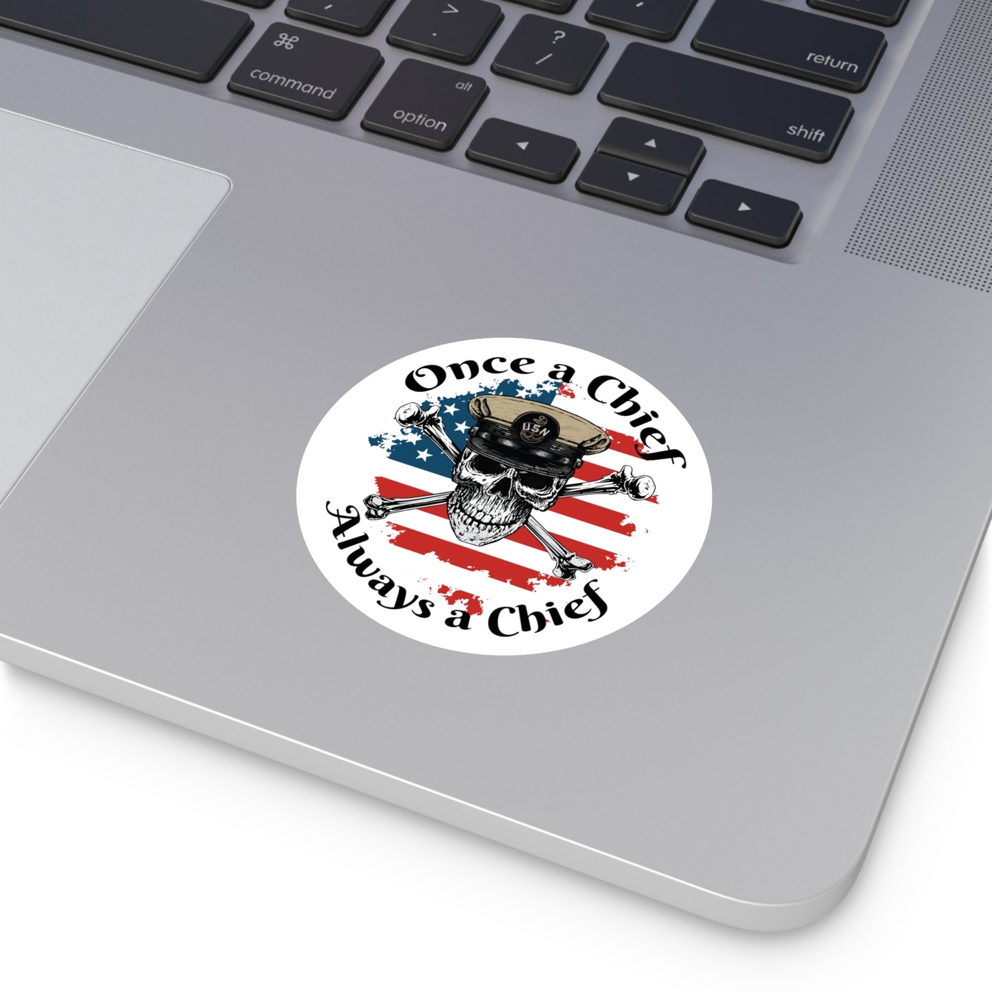 US Navy Once a Chief CPO Skull & Crossbones Sailor on Distressed USA Flag Round Sticker