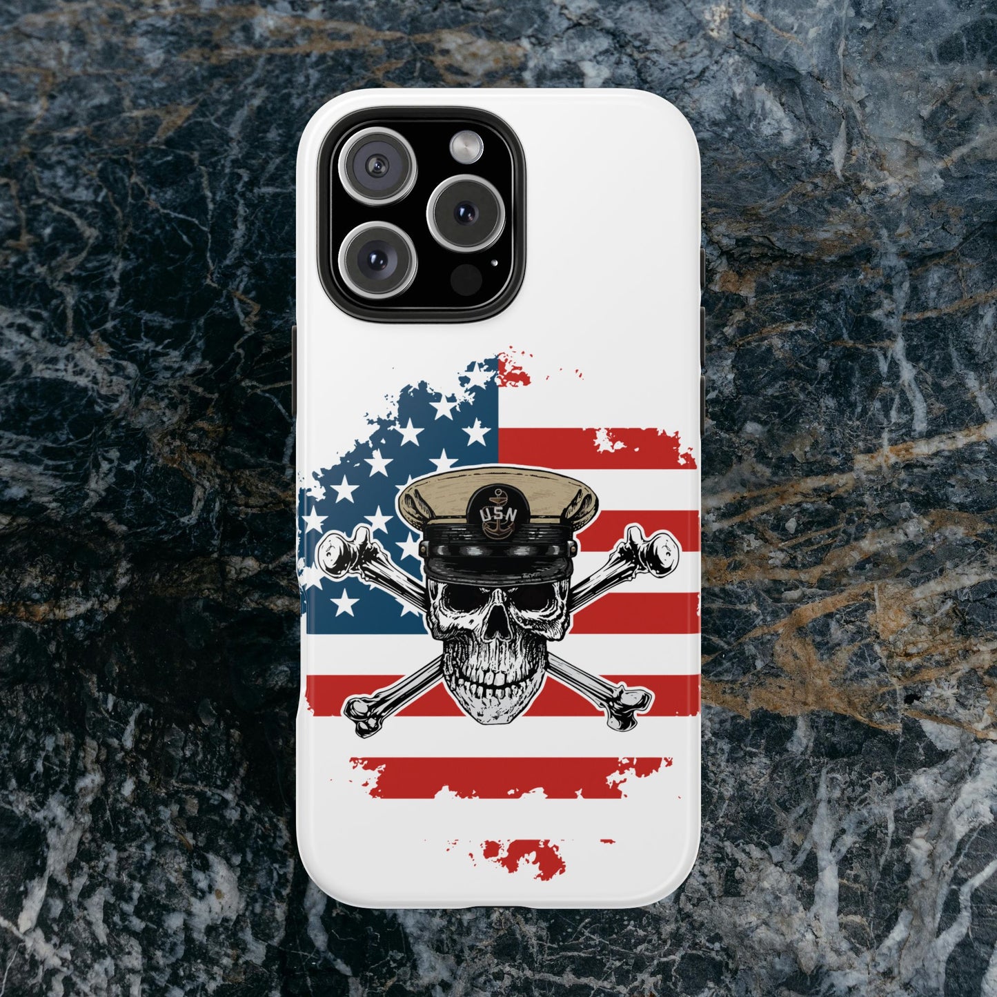 Naval Chief Skull & Crossbones on American Flag White Tough iPhone Case